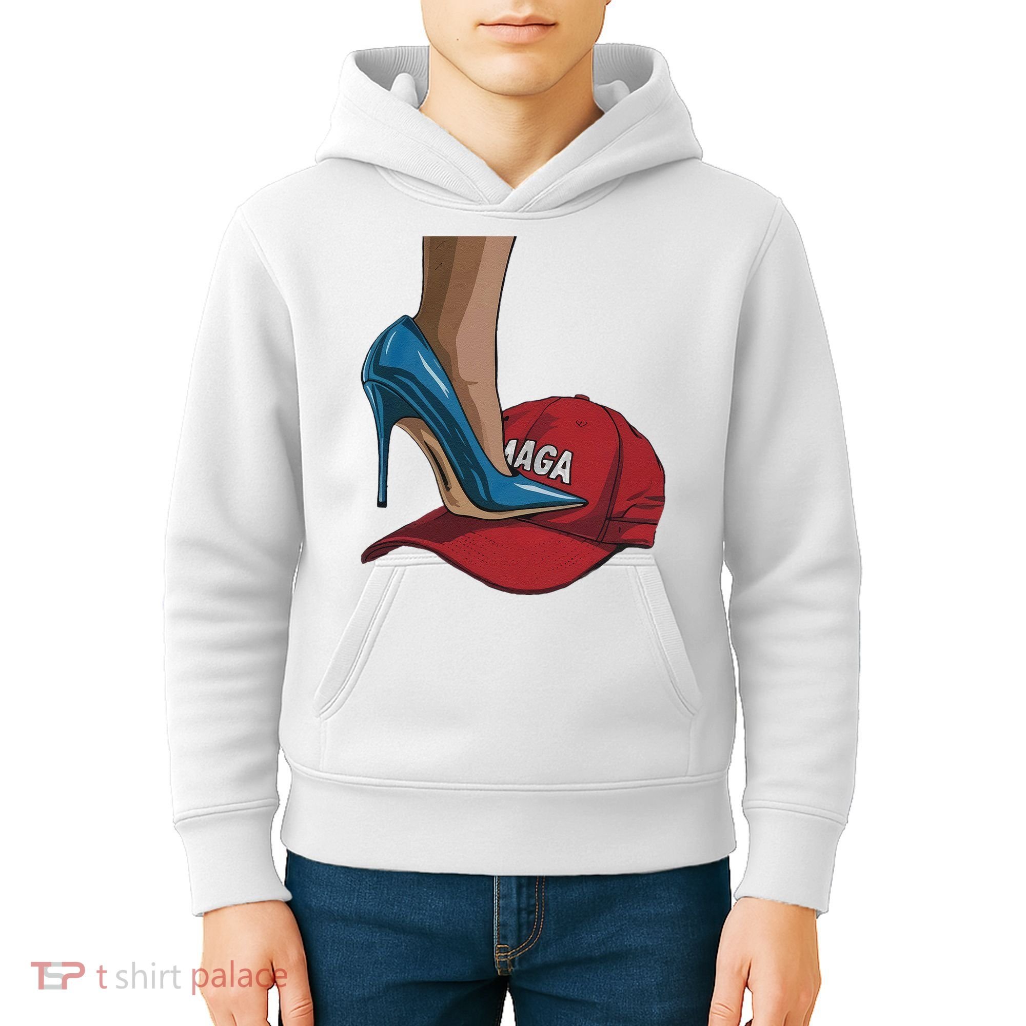 Kamala Harris Heels Stepping On Maga Hat Harris Walz 2024 Kids Hoodie