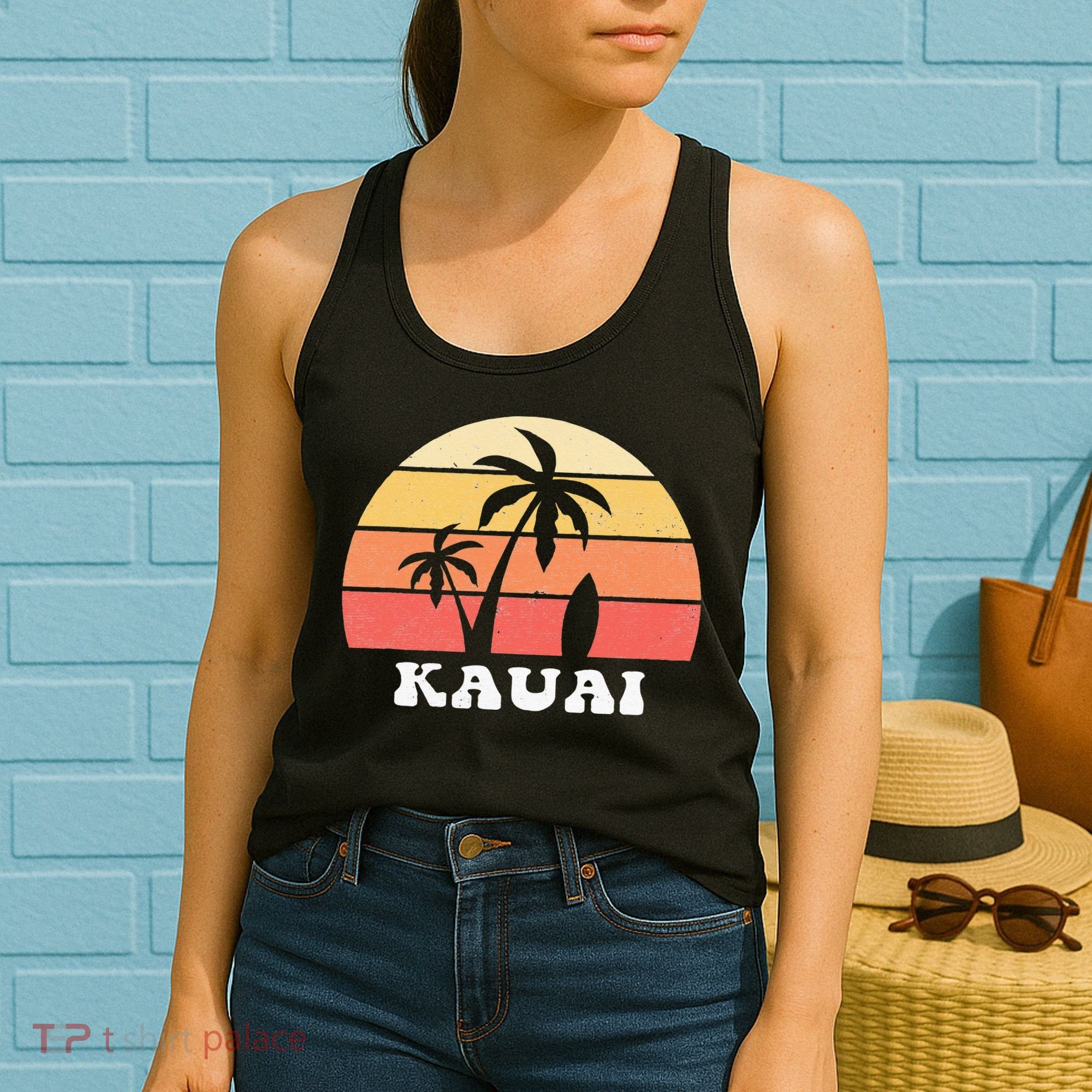 Kauai Hawaii HI Hawaiian Island Palm Tree 70s 80s Retro Surf Women's Tank Top