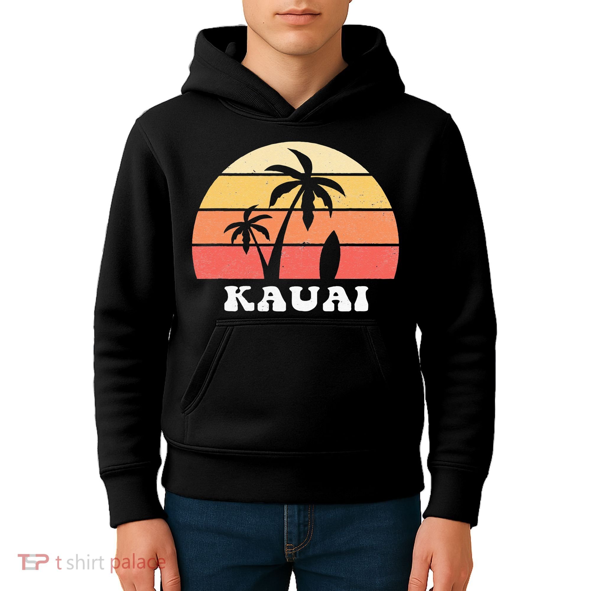 Kauai Hawaii HI Hawaiian Island Palm Tree 70s 80s Retro Surf Kids Hoodie