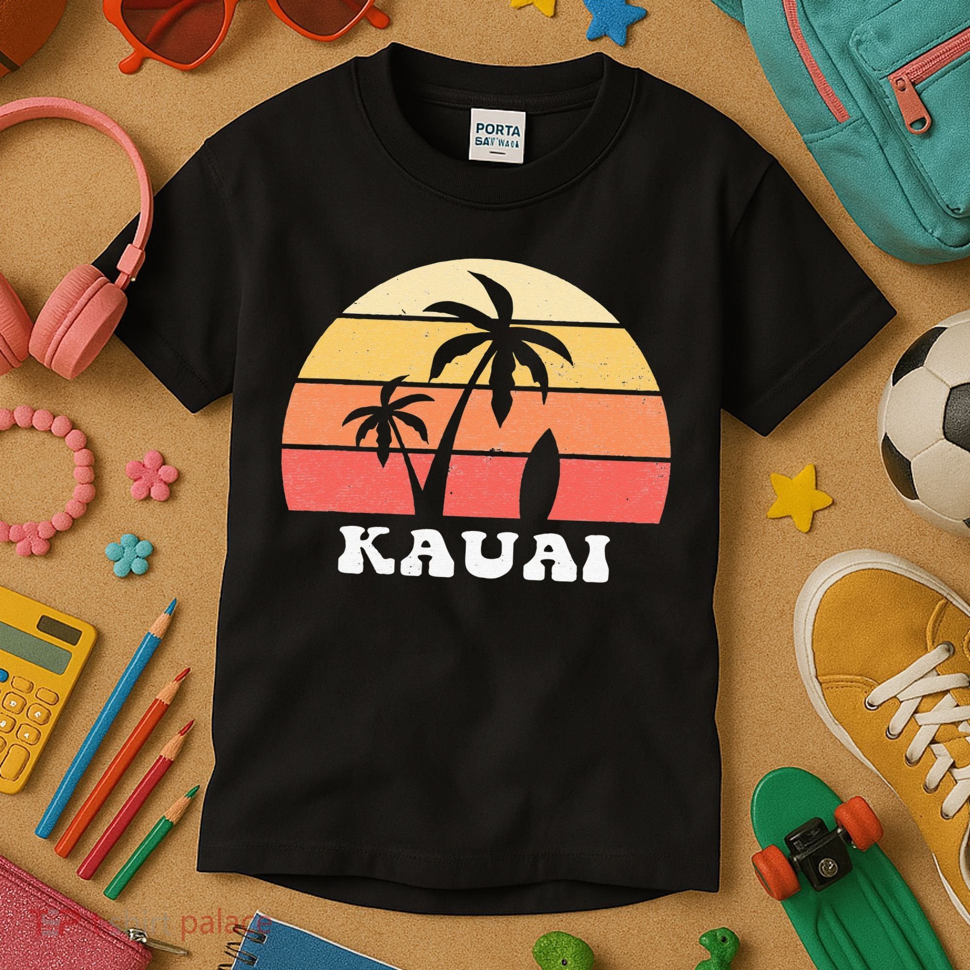 Kauai Hawaii HI Hawaiian Island Palm Tree 70s 80s Retro Surf Kids T-Shirt