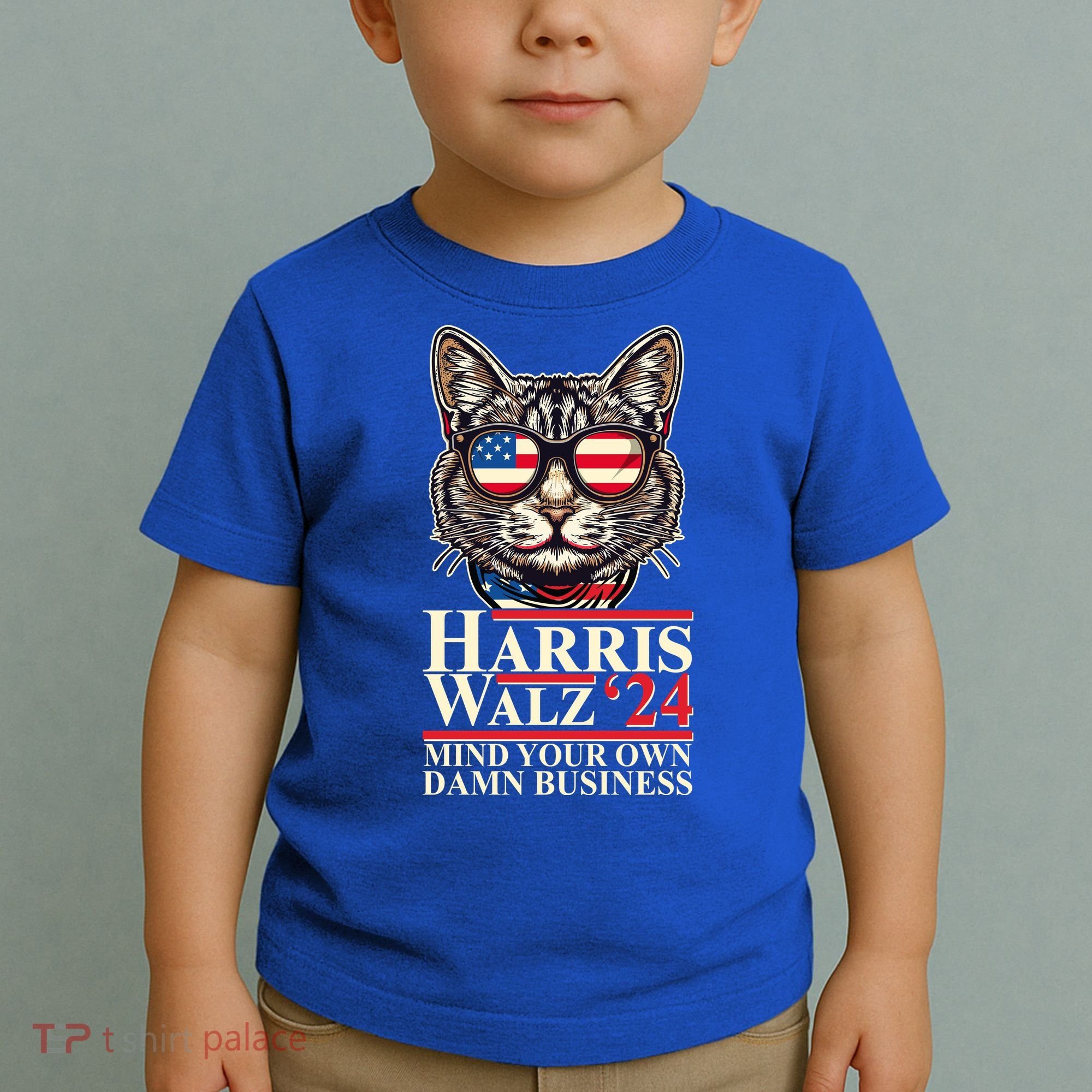 Kamala Harris Tim Walz 2024 Mind Your Own Damn Business Patriotic Cat Toddler T-Shirt