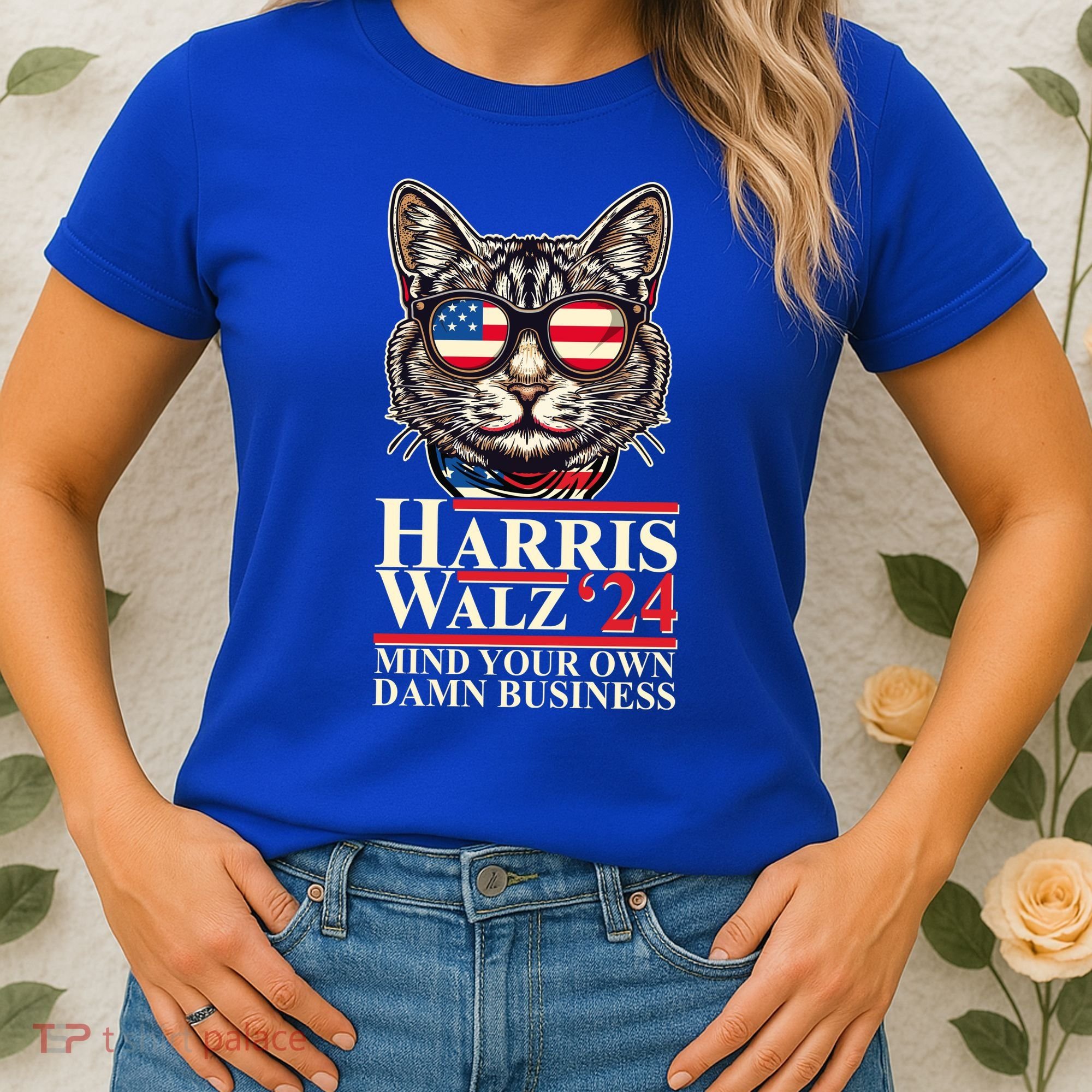 Kamala Harris Tim Walz 2024 Mind Your Own Damn Business Patriotic Cat Women's T-Shirt