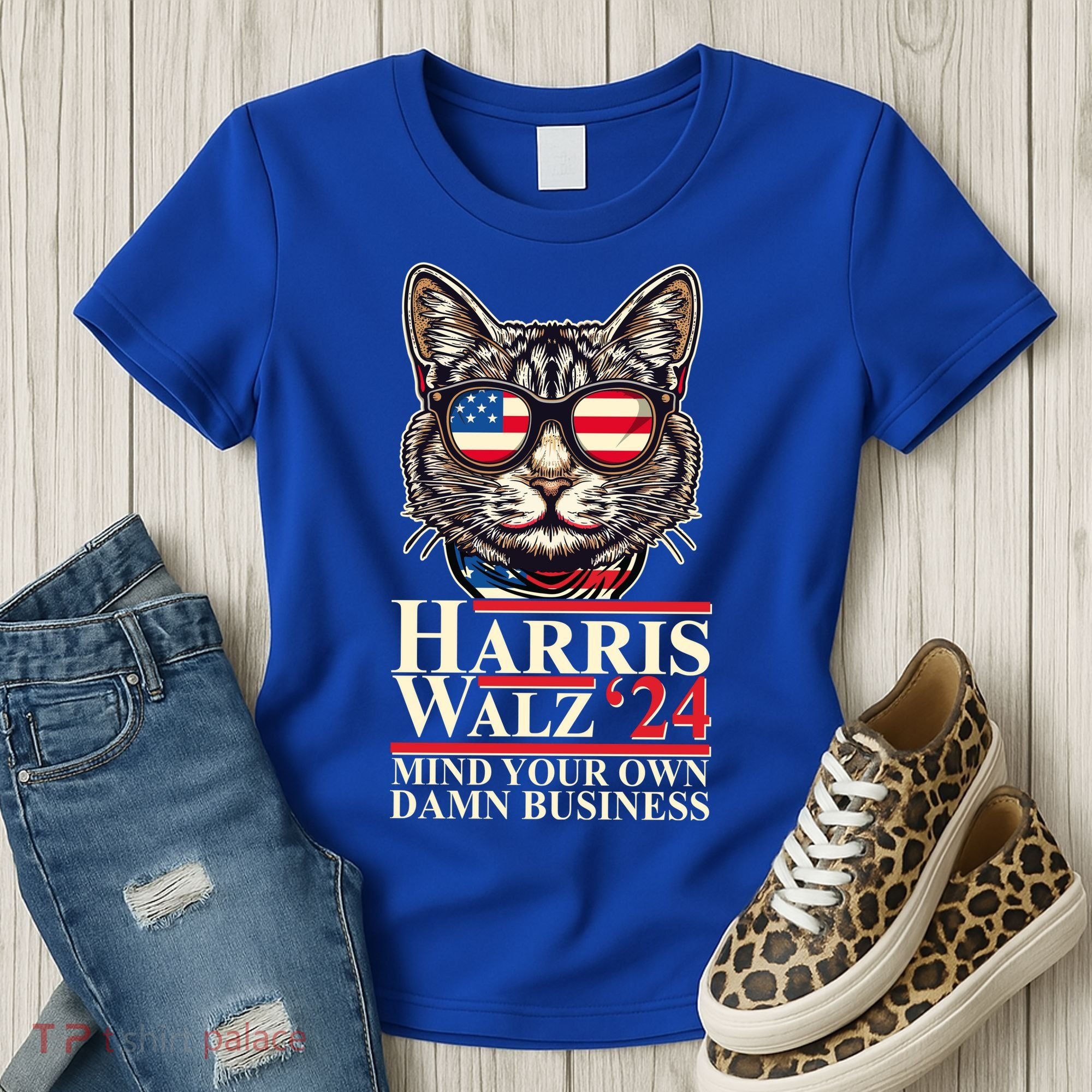 Kamala Harris Tim Walz 2024 Mind Your Own Damn Business Patriotic Cat Women's T-Shirt