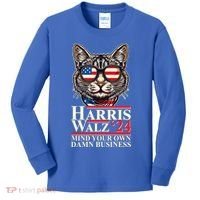 Kamala Harris Tim Walz 2024 Mind Your Own Damn Business Patriotic Cat Kids Long Sleeve Shirt thumb 0