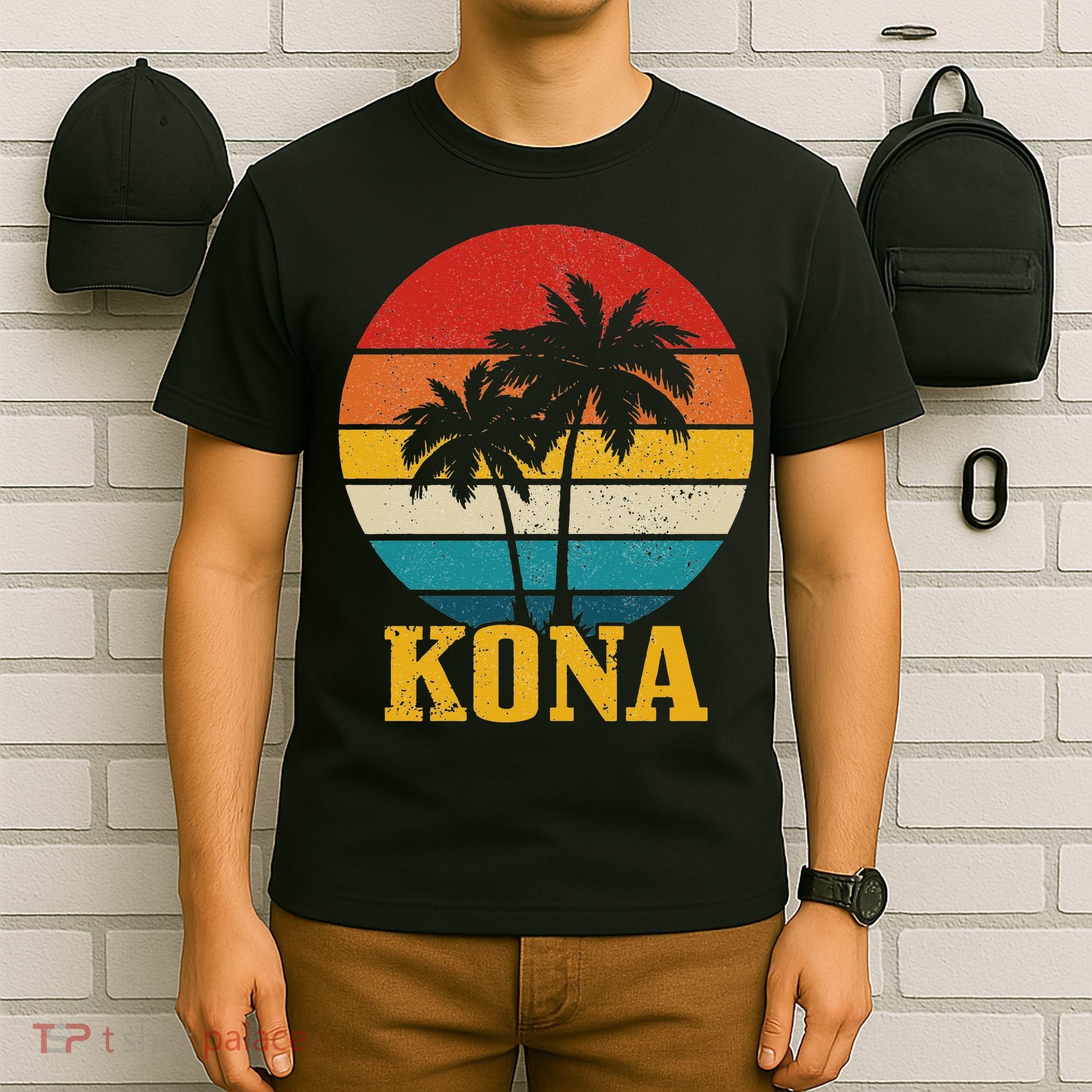 Kona Hawaii Vintage Palm Trees Surfing Surfer Hawaiian T-Shirt