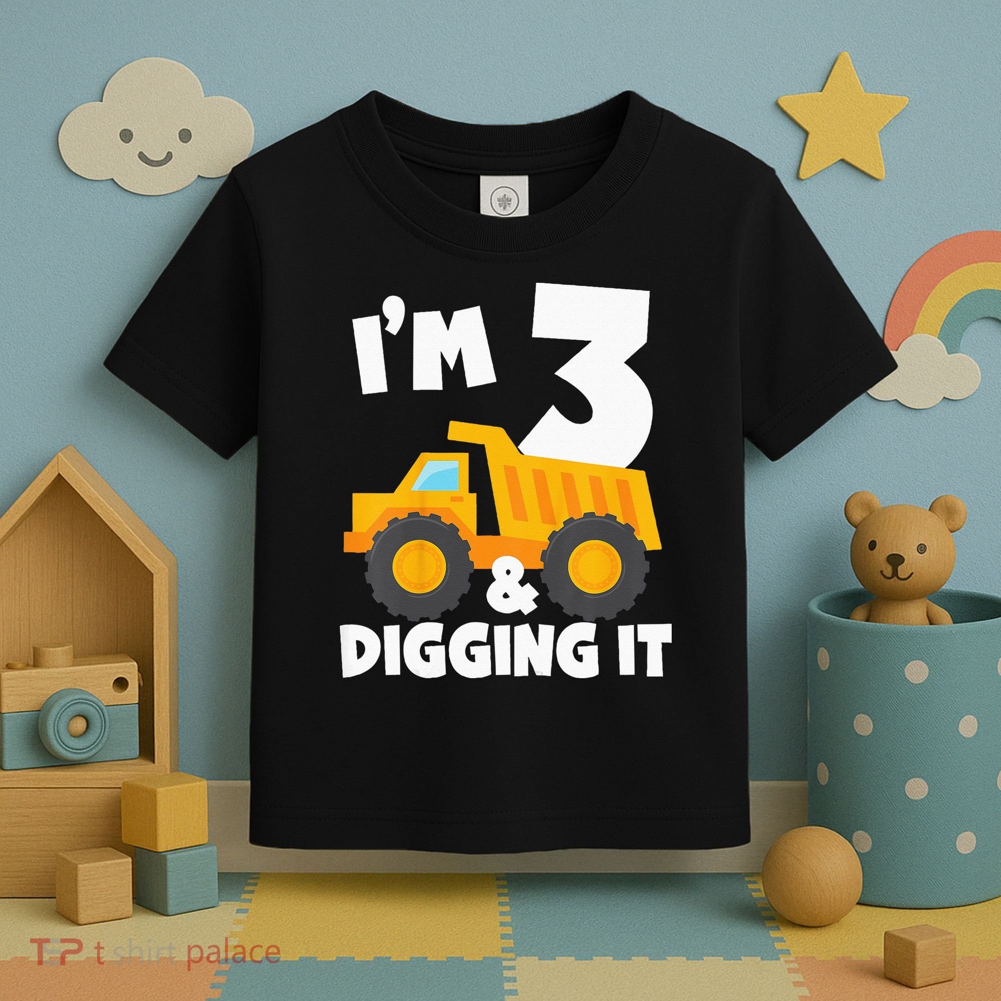 Kids Im 3 And Digging It 3rd Birthday Construction Truck Toddler T-Shirt