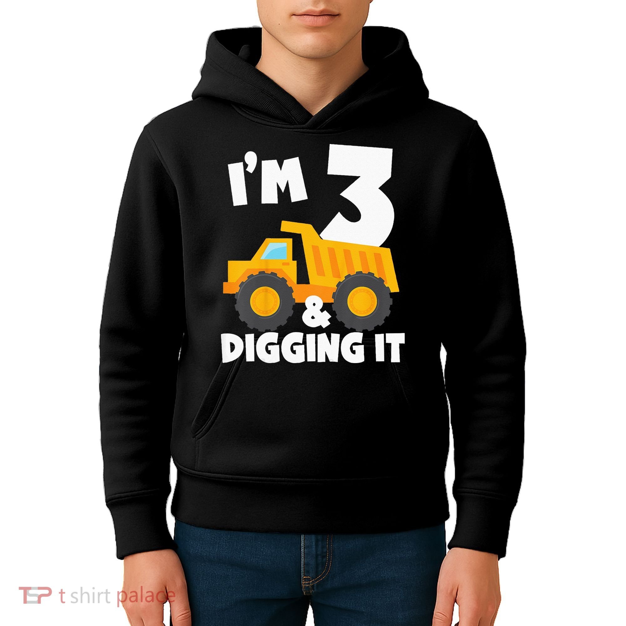 Kids Im 3 And Digging It 3rd Birthday Construction Truck Kids Hoodie