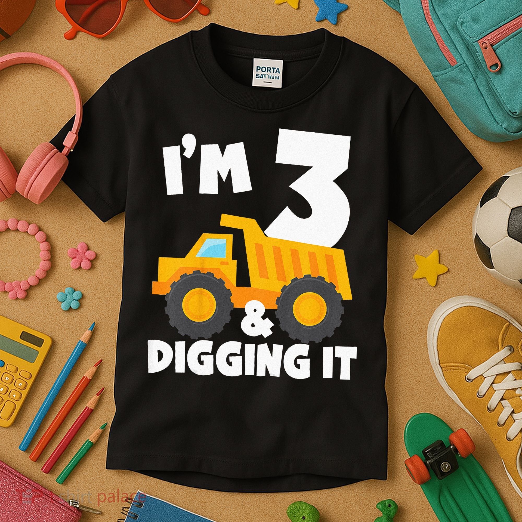 Kids Im 3 And Digging It 3rd Birthday Construction Truck Kids T-Shirt