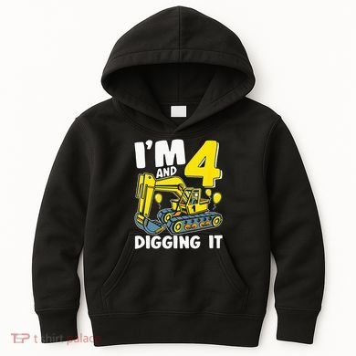 Kids Im 4 And Digging It 4 Years 4th Birthday Excavator Kids Hoodie