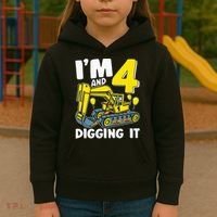 Kids Im 4 And Digging It 4 Years 4th Birthday Excavator Kids Hoodie thumb 3