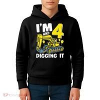 Kids Im 4 And Digging It 4 Years 4th Birthday Excavator Kids Hoodie thumb 4