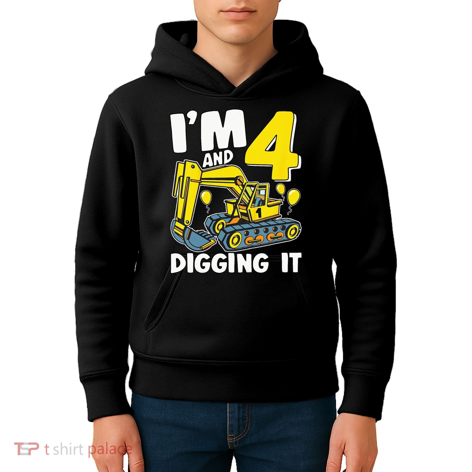 Kids Im 4 And Digging It 4 Years 4th Birthday Excavator Kids Hoodie