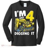 Kids Im 4 And Digging It 4 Years 4th Birthday Excavator Kids Long Sleeve Shirt thumb 0