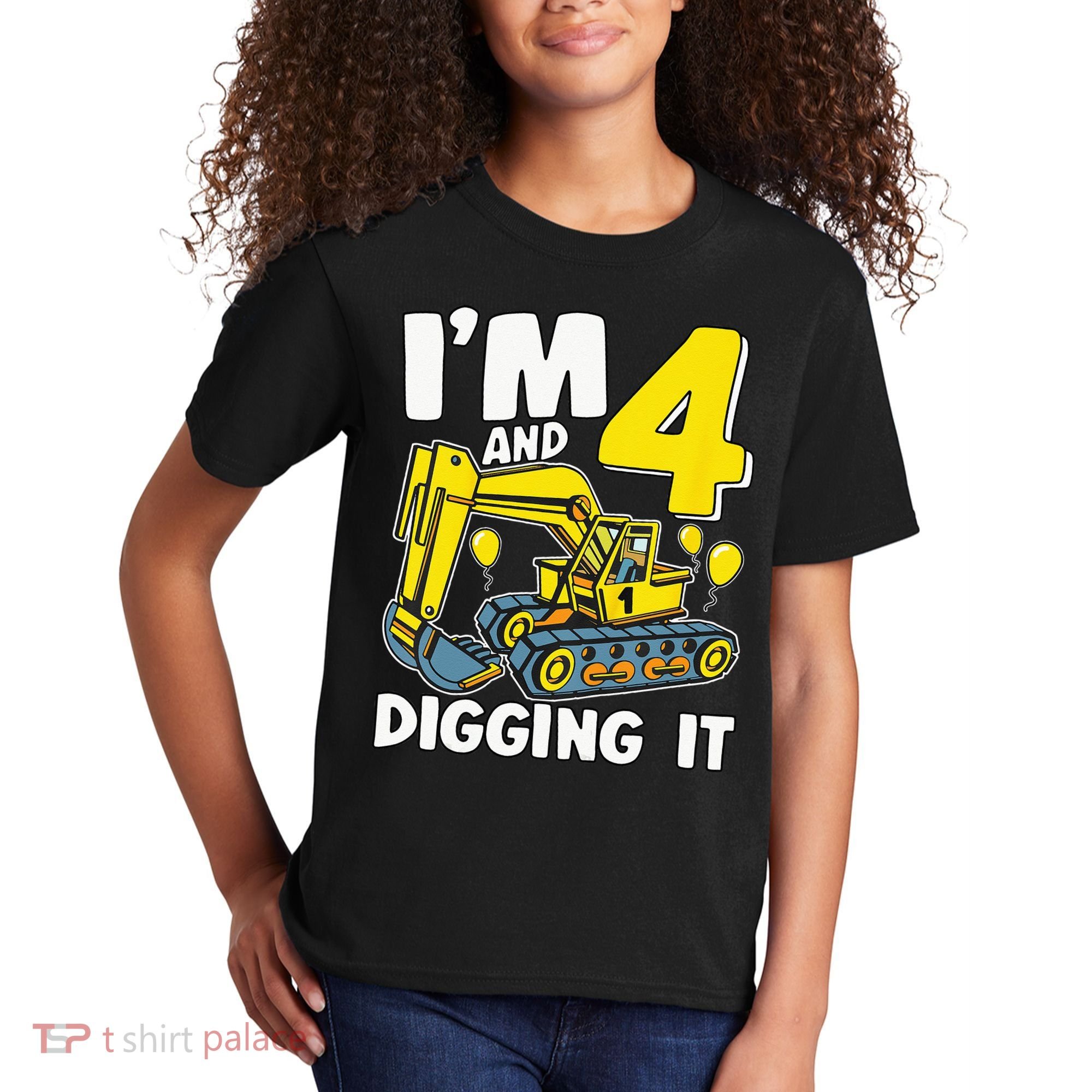 Kids Im 4 And Digging It 4 Years 4th Birthday Excavator Kids T-Shirt