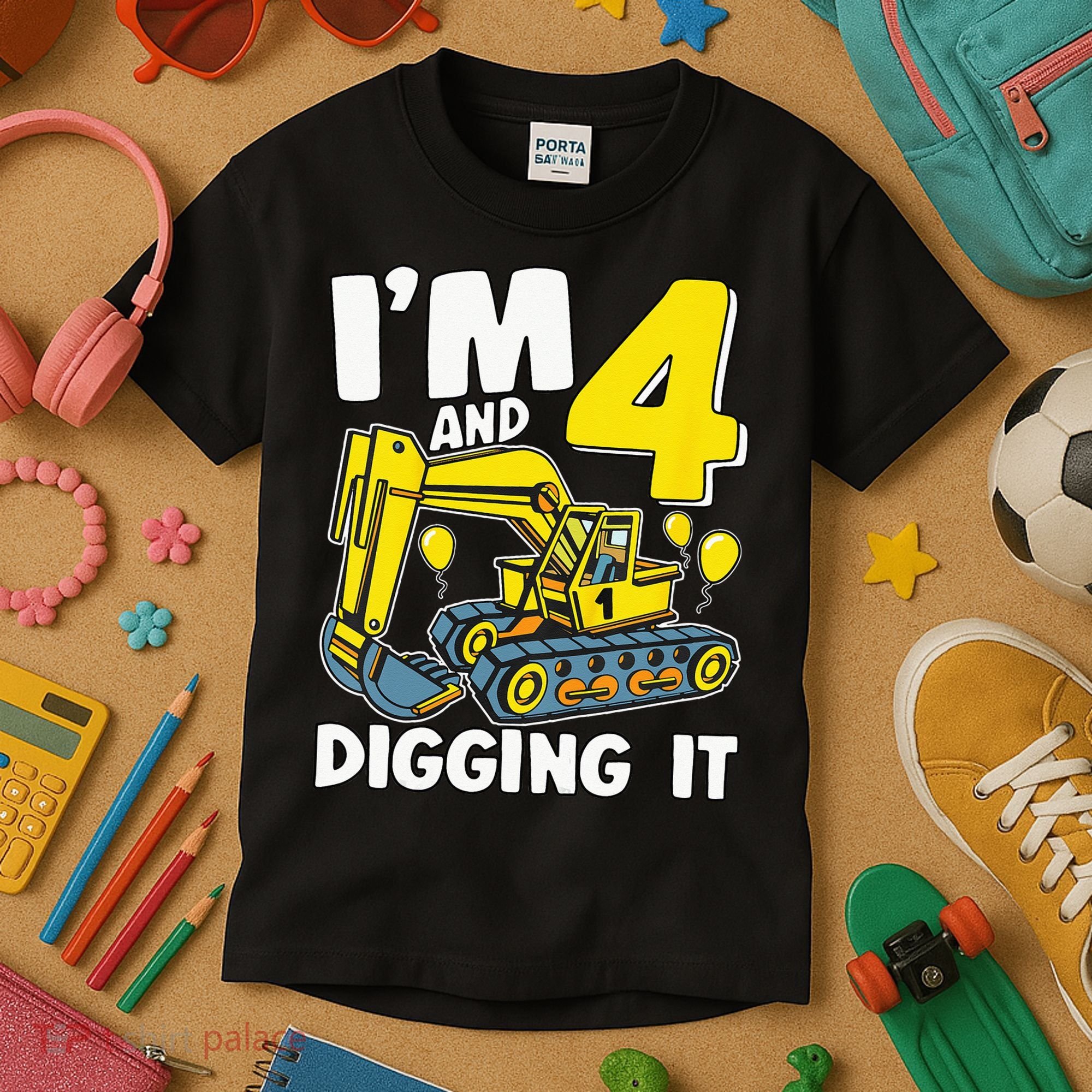 Kids Im 4 And Digging It 4 Years 4th Birthday Excavator Kids T-Shirt