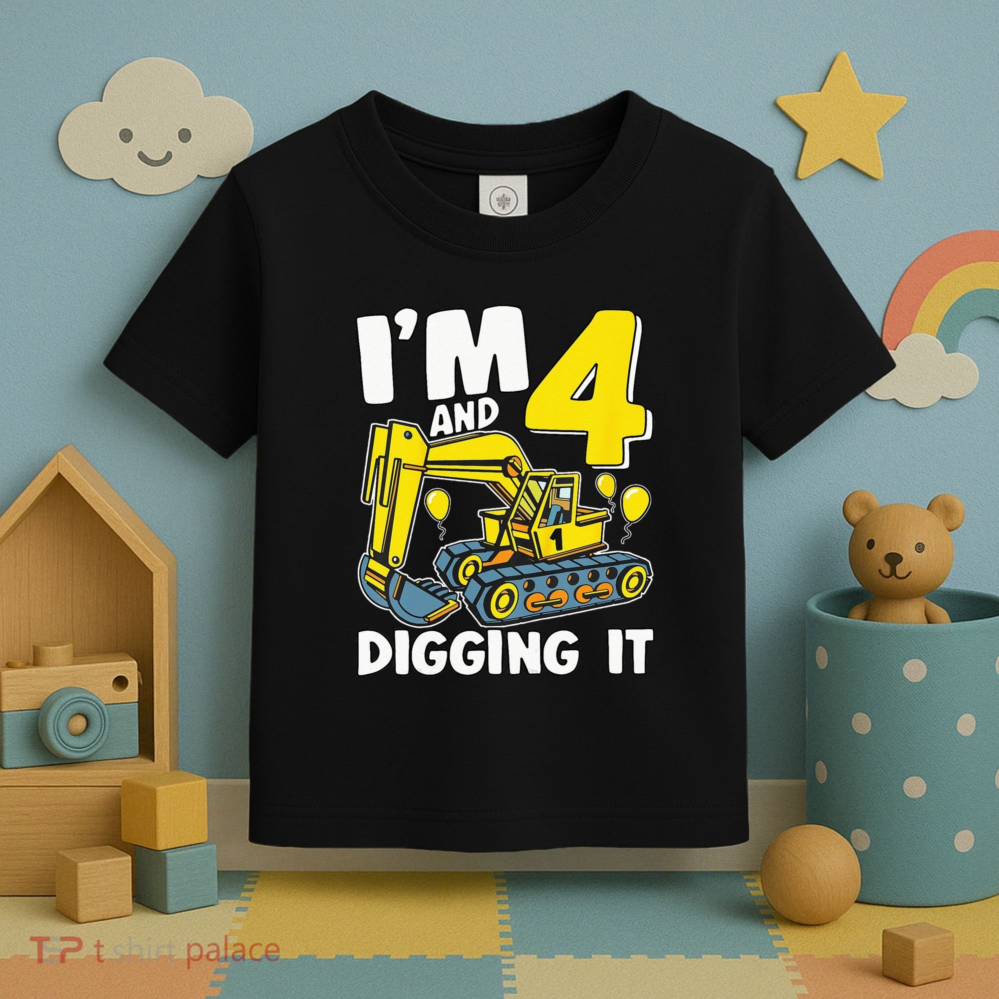 Kids Im 4 And Digging It 4 Years 4th Birthday Excavator Toddler T-Shirt