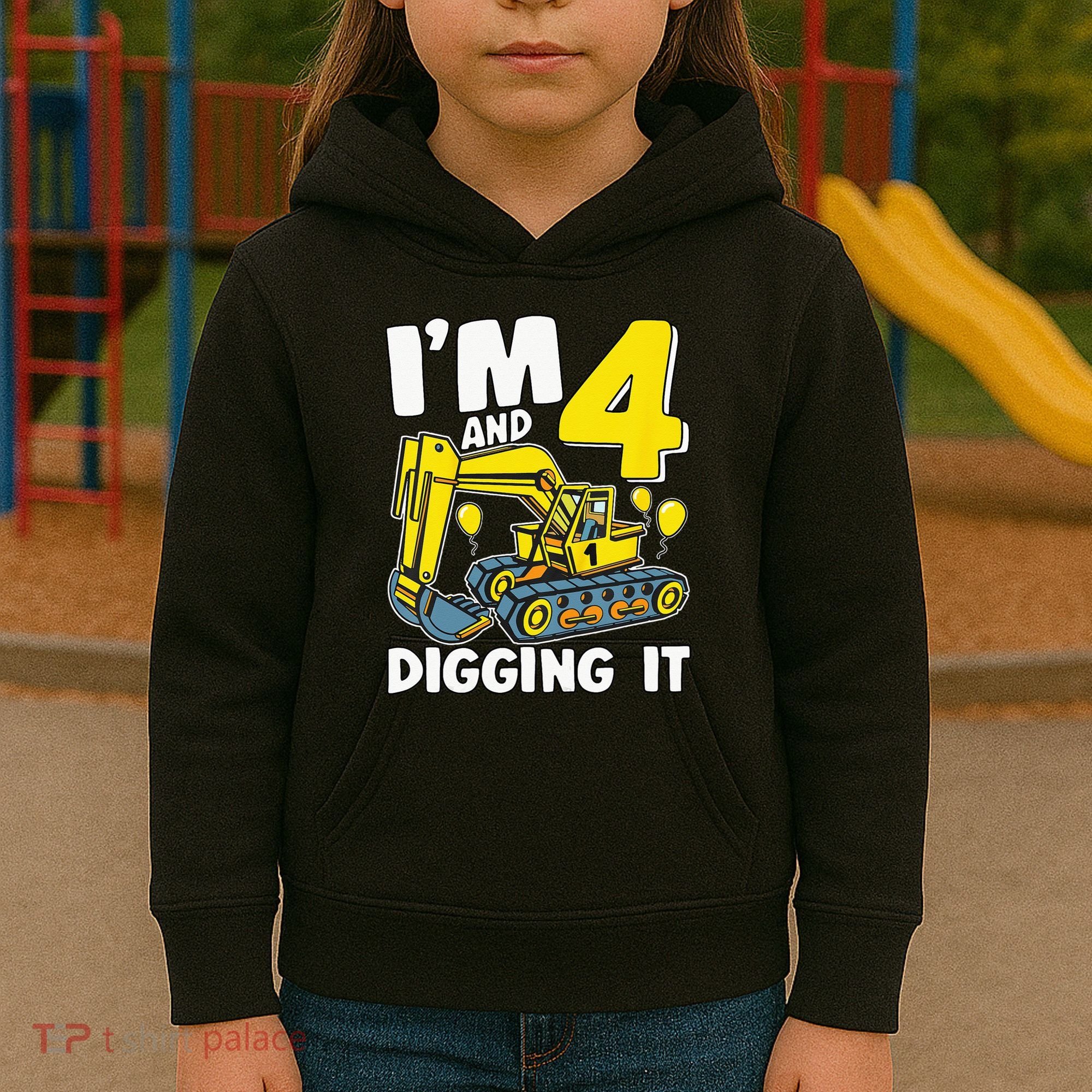 Kids Im 4 And Digging It 4 Years 4th Birthday Excavator Kids Hoodie