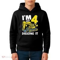 Kids Im 4 And Digging It 4 Years 4th Birthday Excavator Kids Hoodie thumb 4
