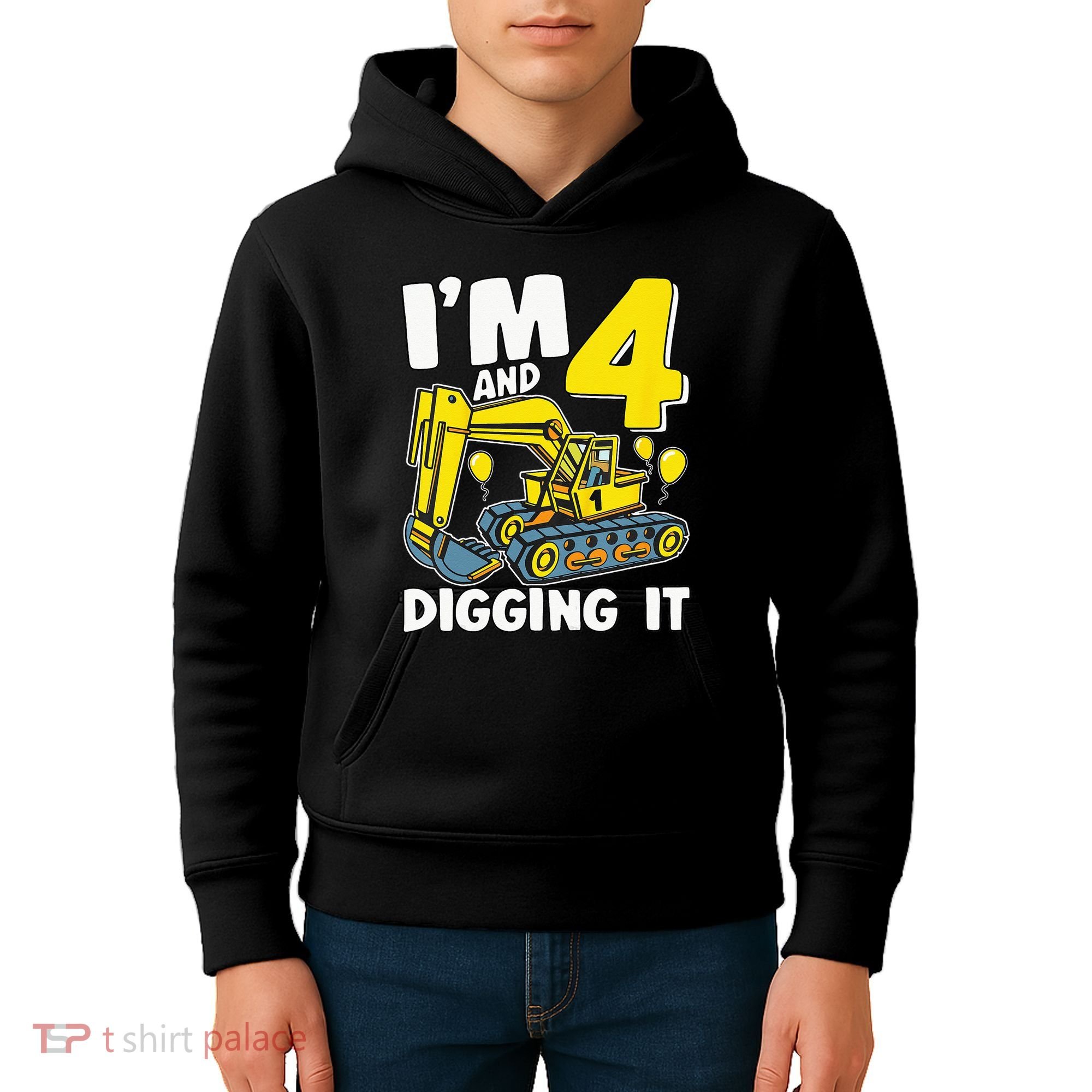 Kids Im 4 And Digging It 4 Years 4th Birthday Excavator Kids Hoodie