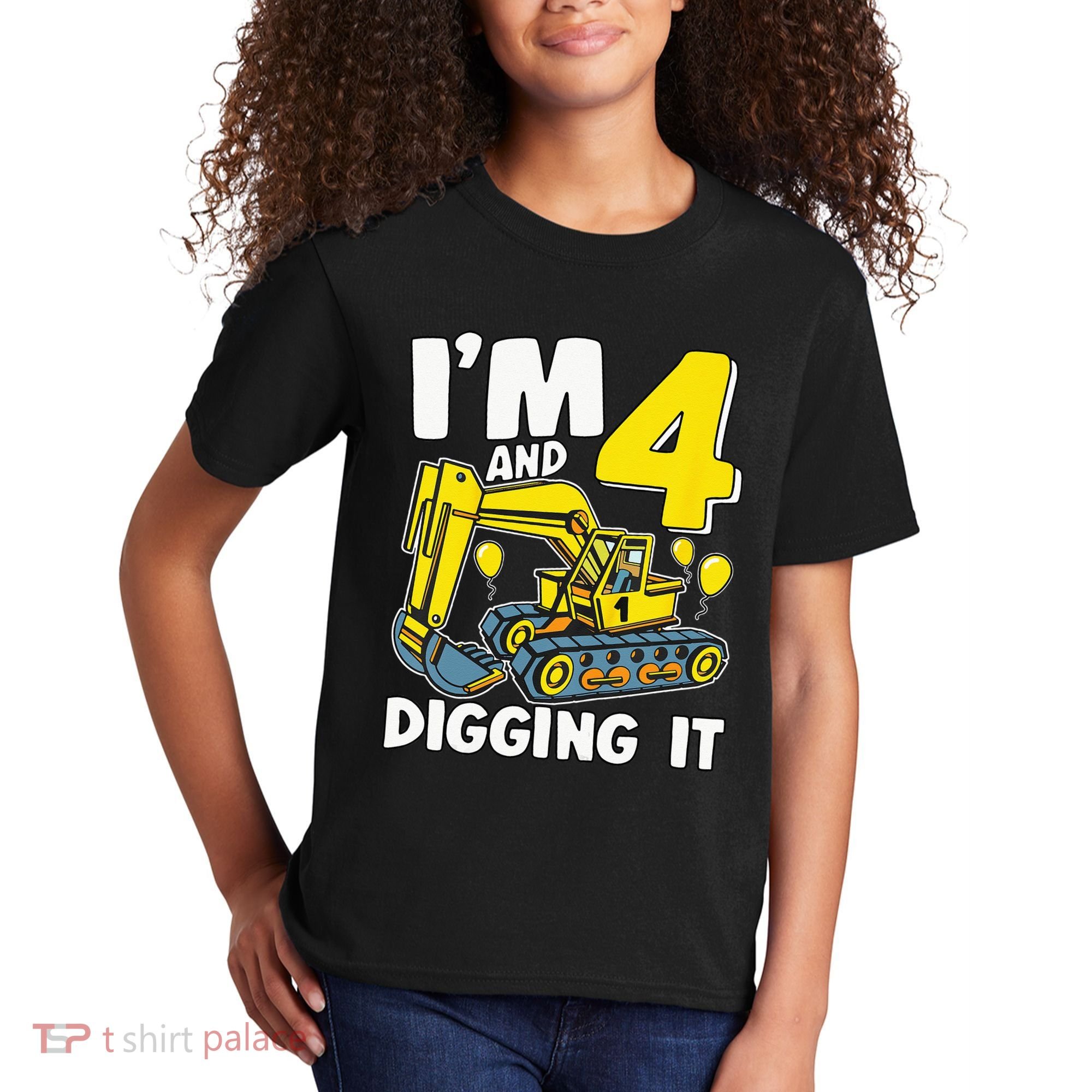 Kids Im 4 And Digging It 4 Years 4th Birthday Excavator Kids T-Shirt