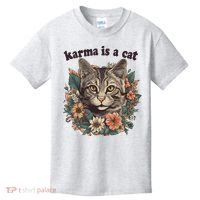 Karma Is A Cat Retro Floral Kids T-Shirt thumb 0