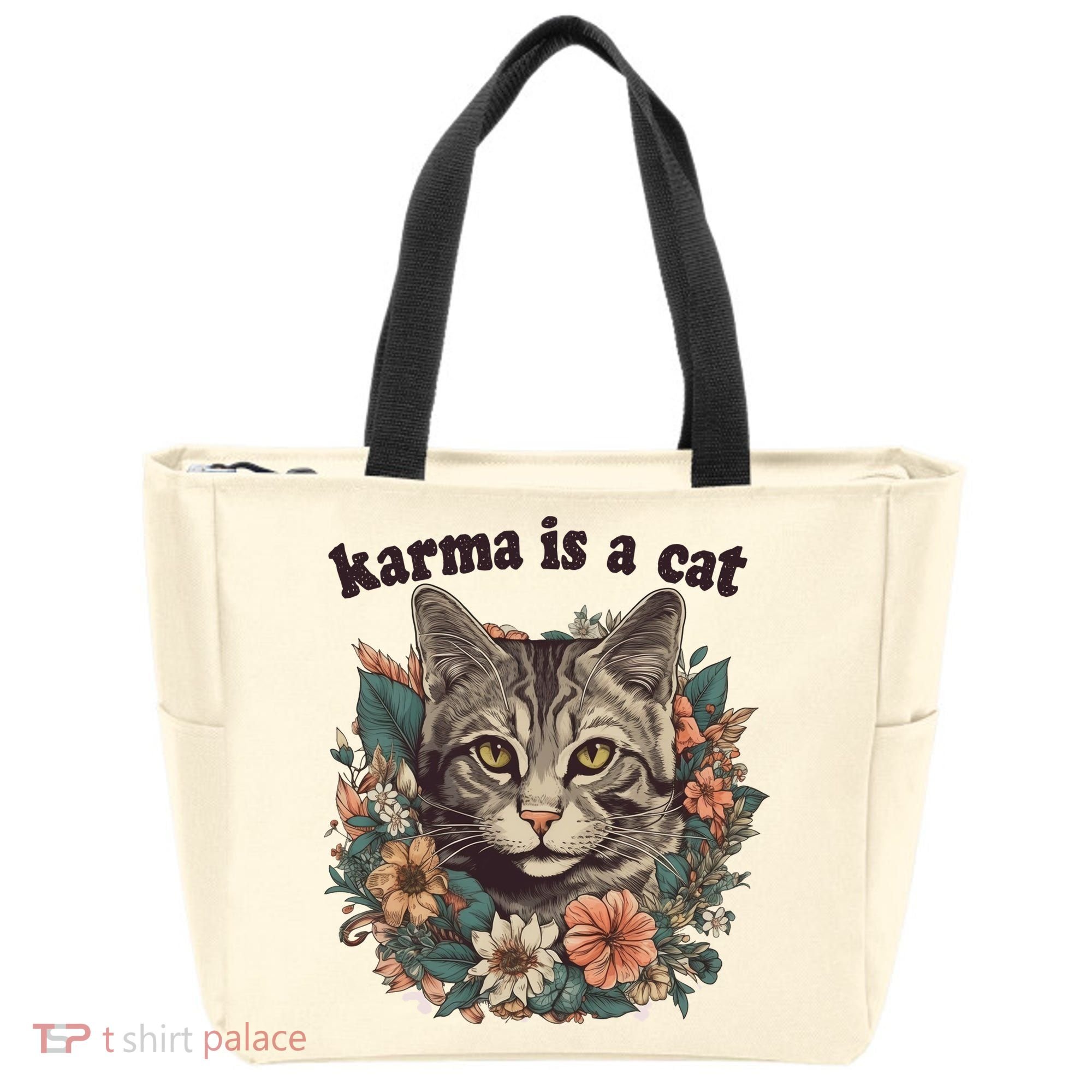 Karma Is A Cat Retro Floral Tote Bag