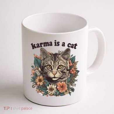 Karma Is A Cat Retro Floral Coffee Mug back