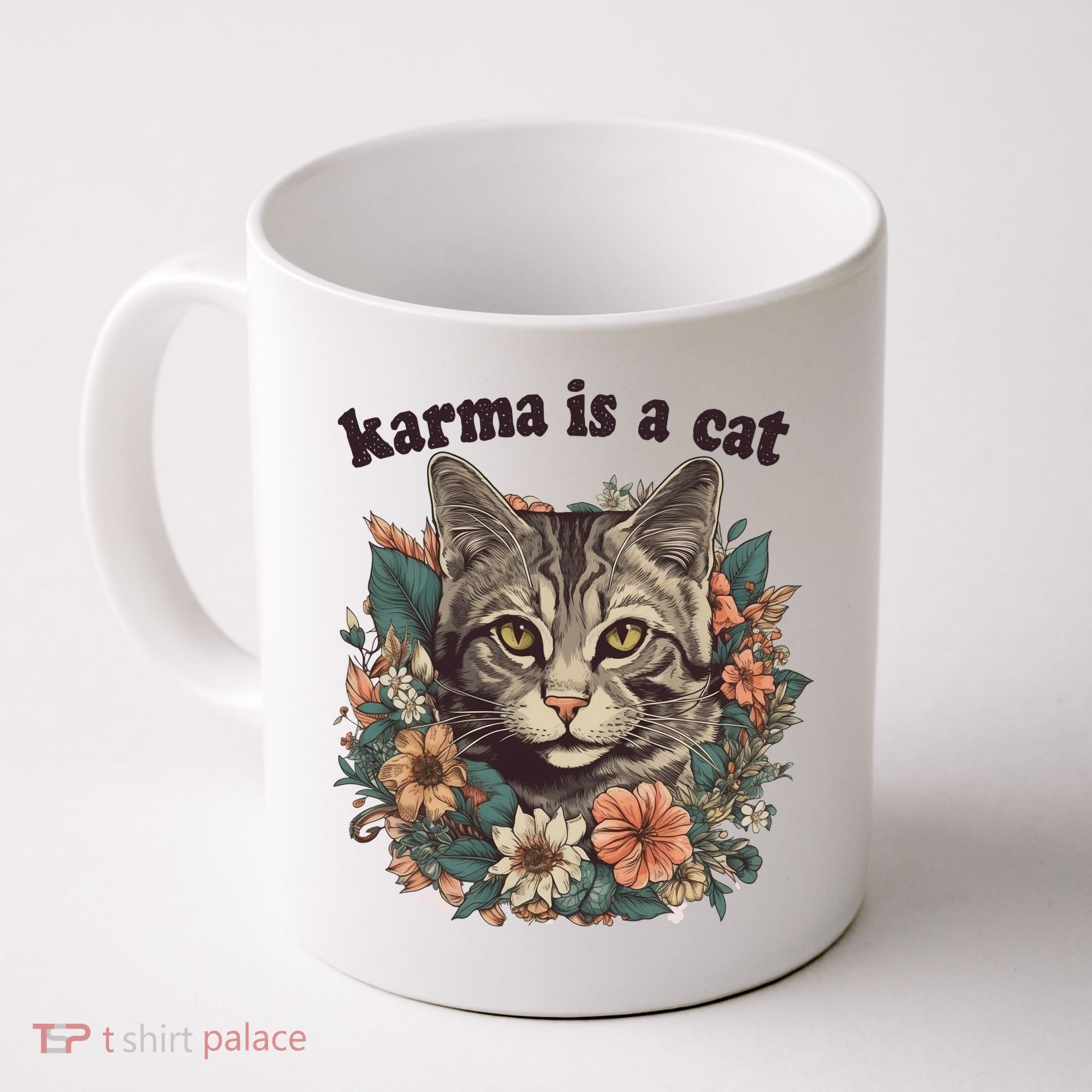 Karma Is A Cat Retro Floral Coffee Mug