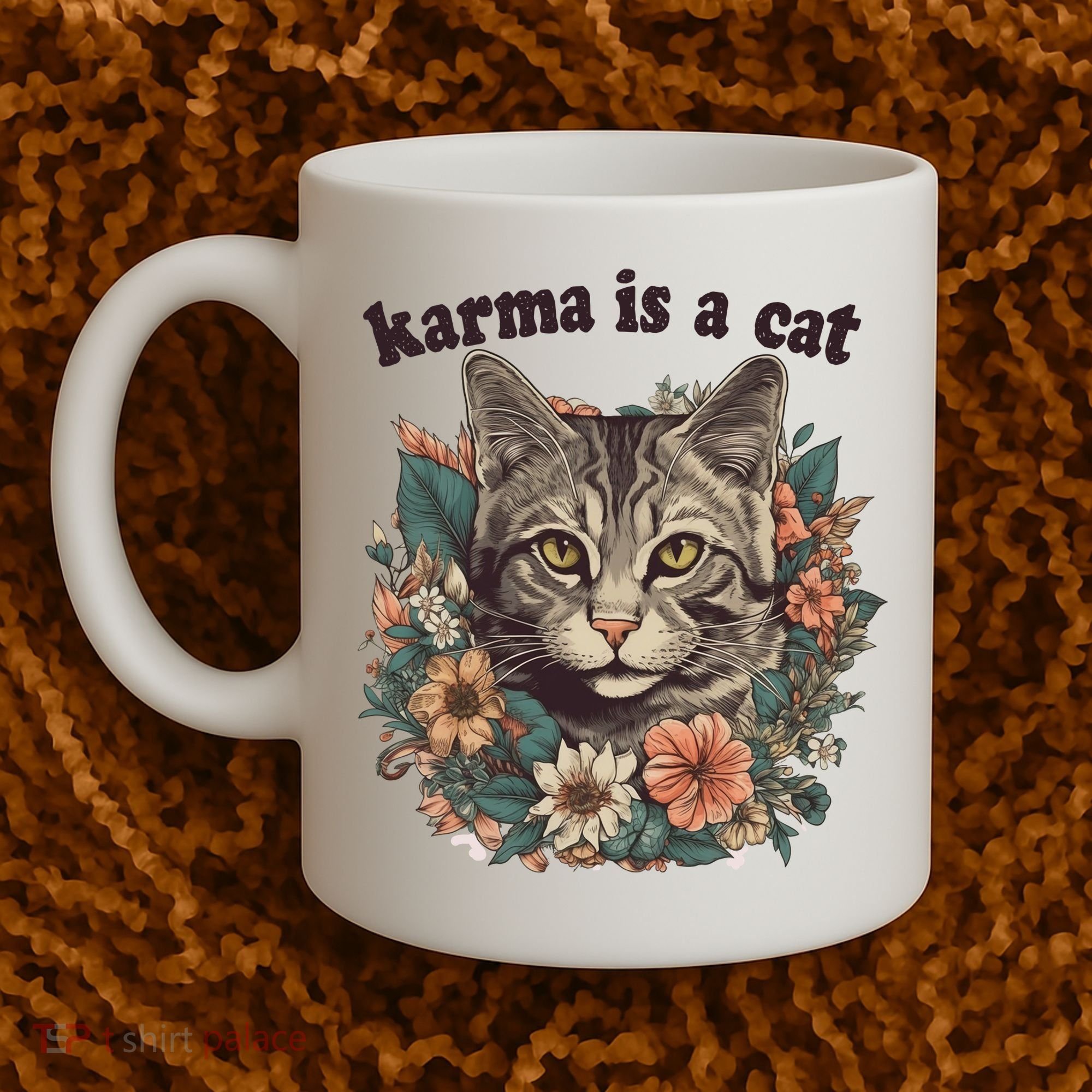 Karma Is A Cat Retro Floral Coffee Mug