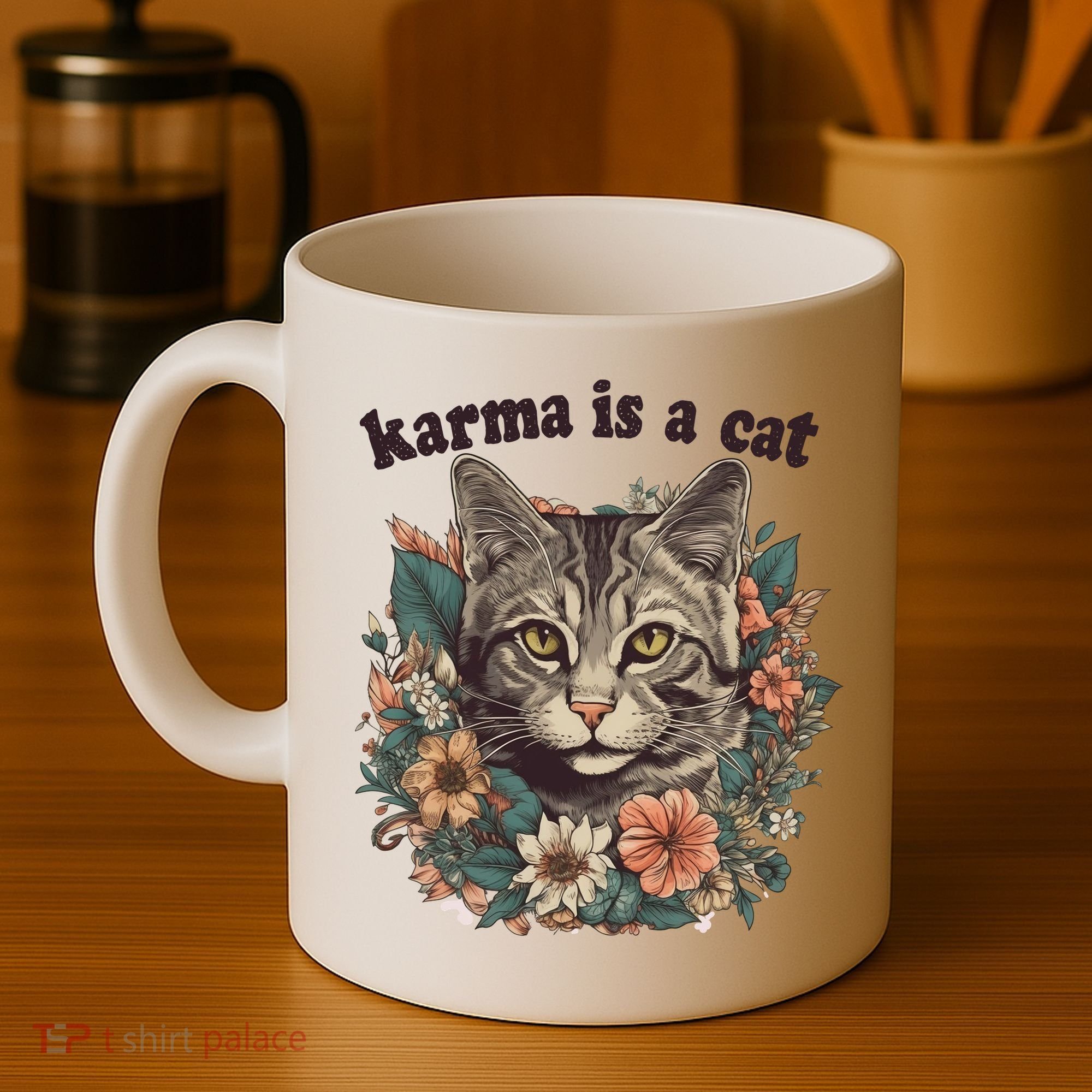 Karma Is A Cat Retro Floral Coffee Mug