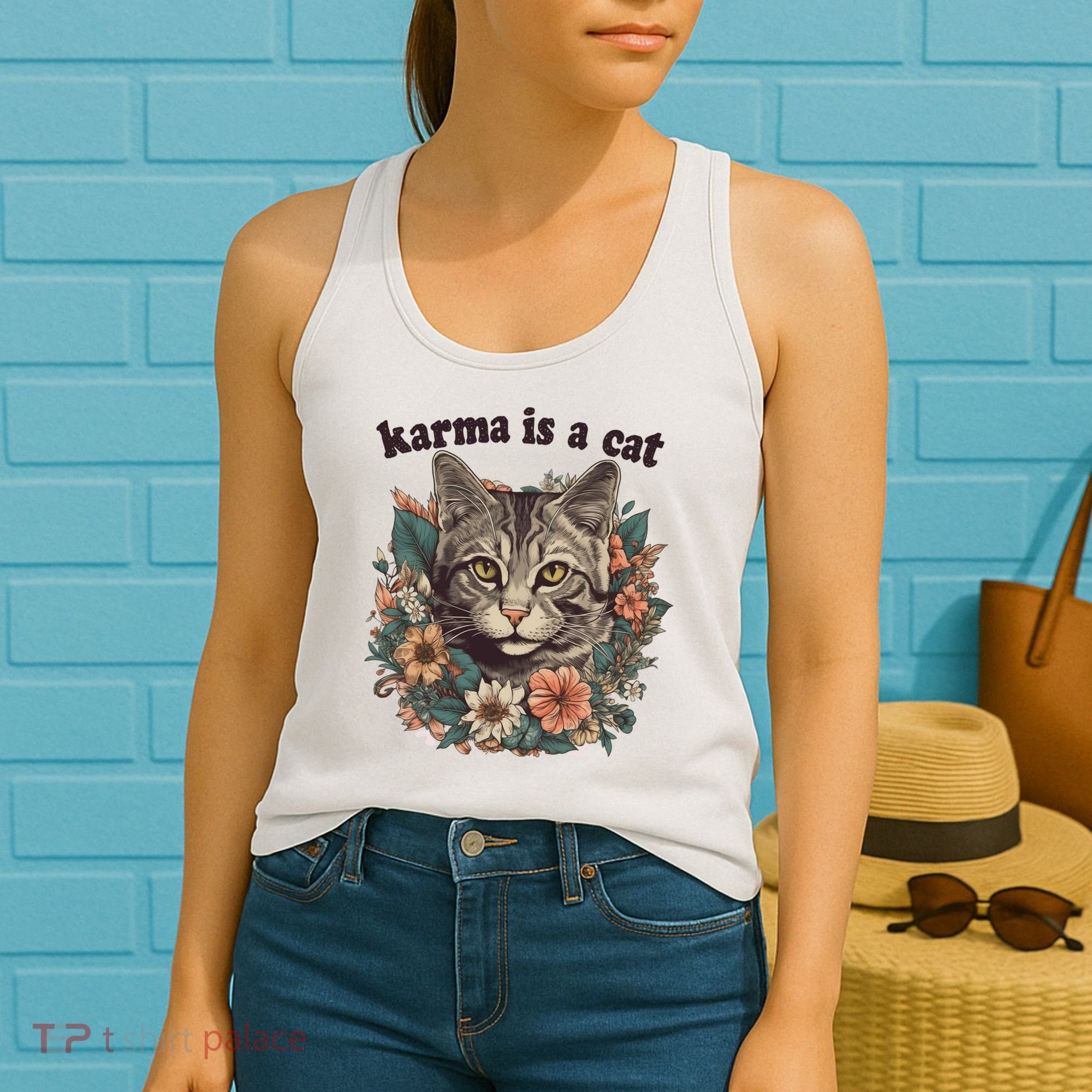 Karma Is A Cat Retro Floral Women's Tank Top