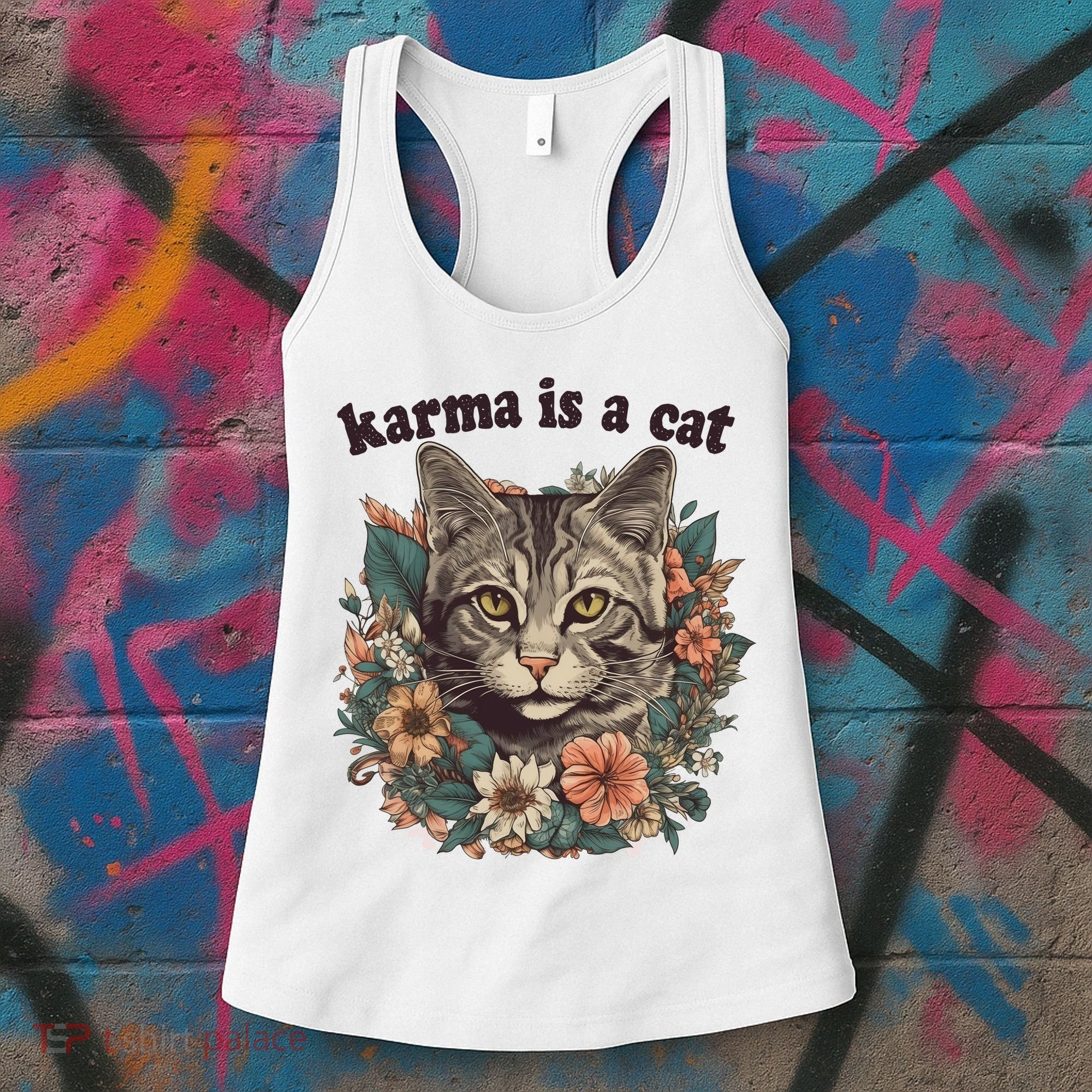 Karma Is A Cat Retro Floral Women's Tank Top