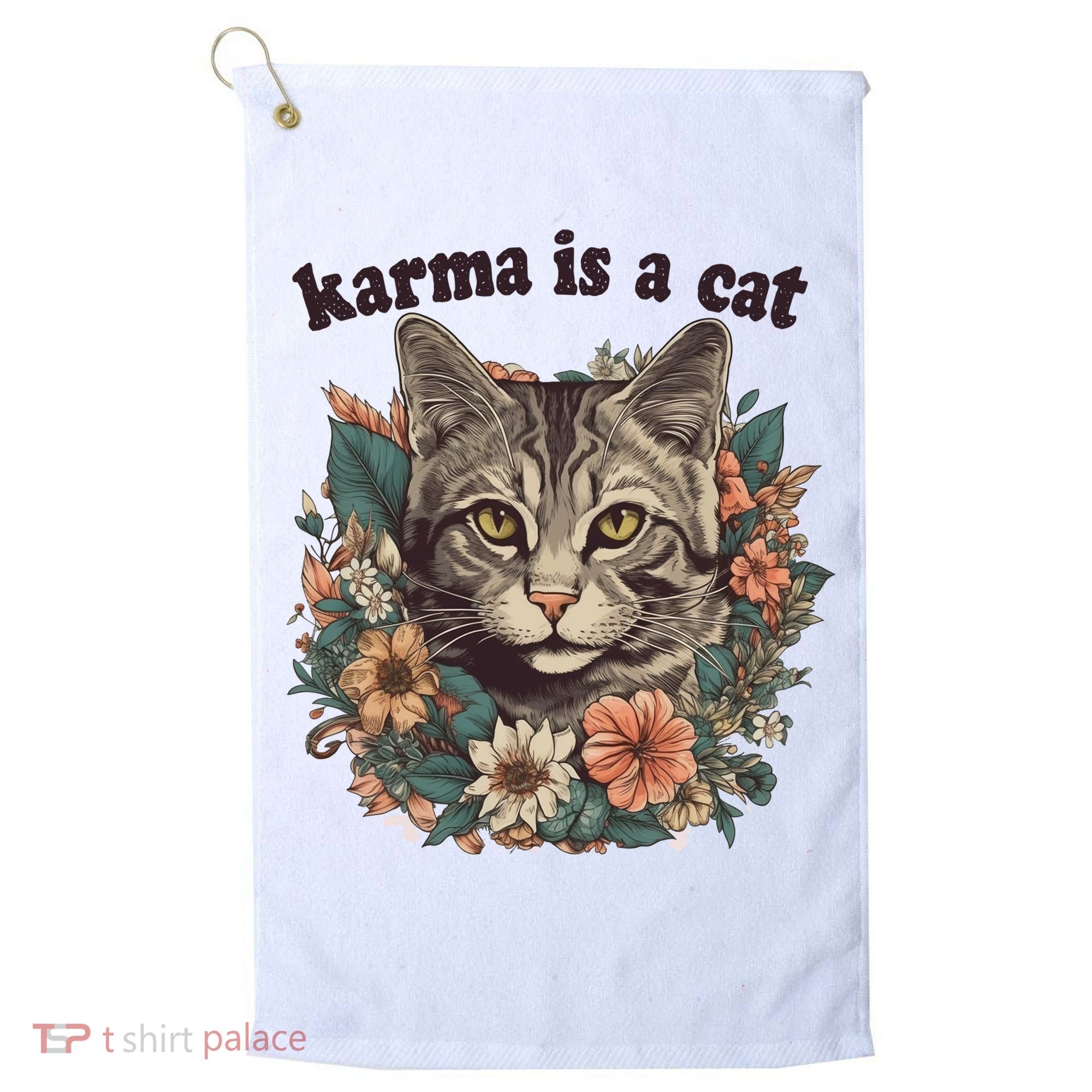 Karma Is A Cat Retro Floral Golf Towel