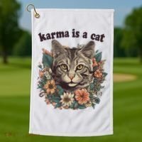 Karma Is A Cat Retro Floral Golf Towel thumb 1
