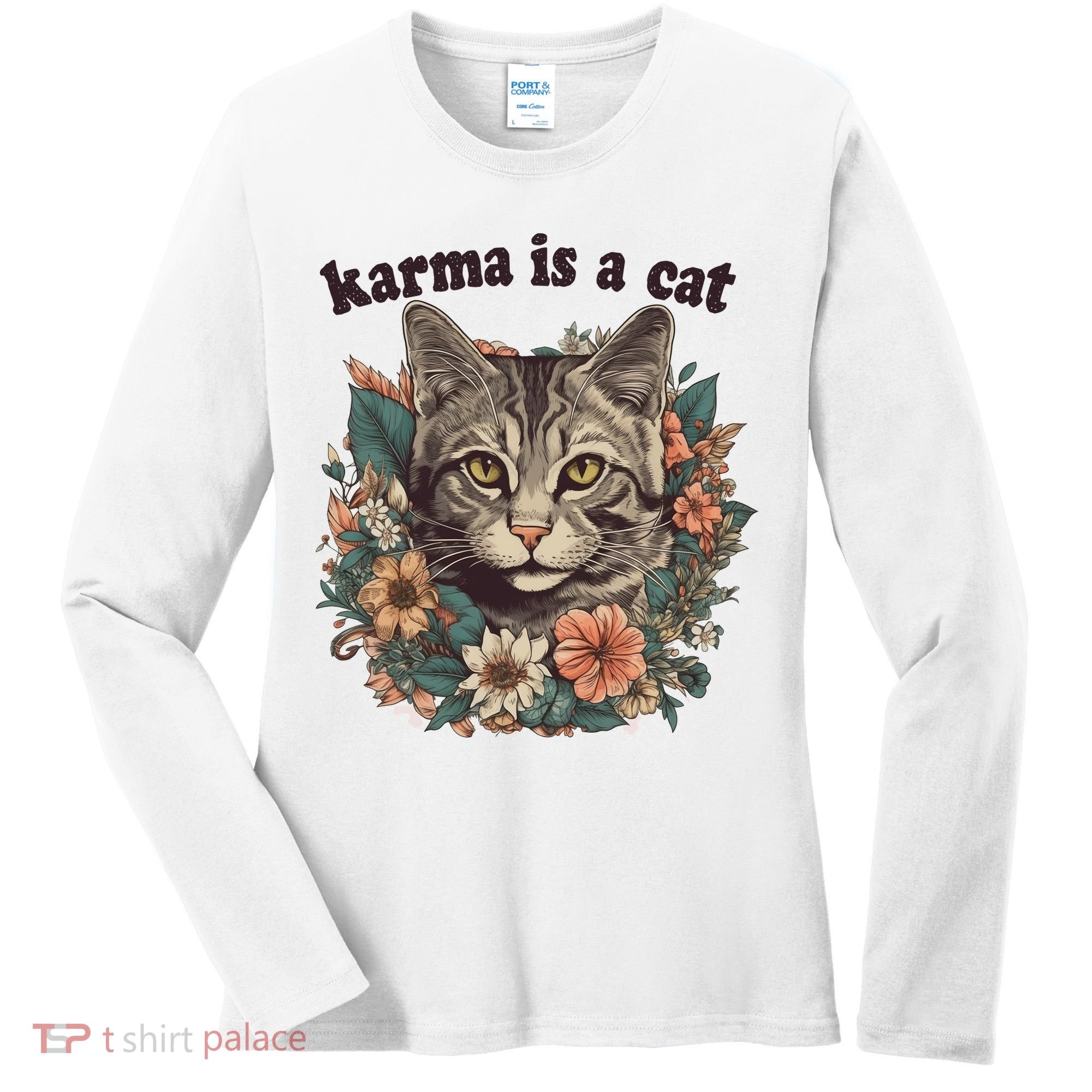 Karma Is A Cat Retro Floral Women's Long Sleeve Shirt