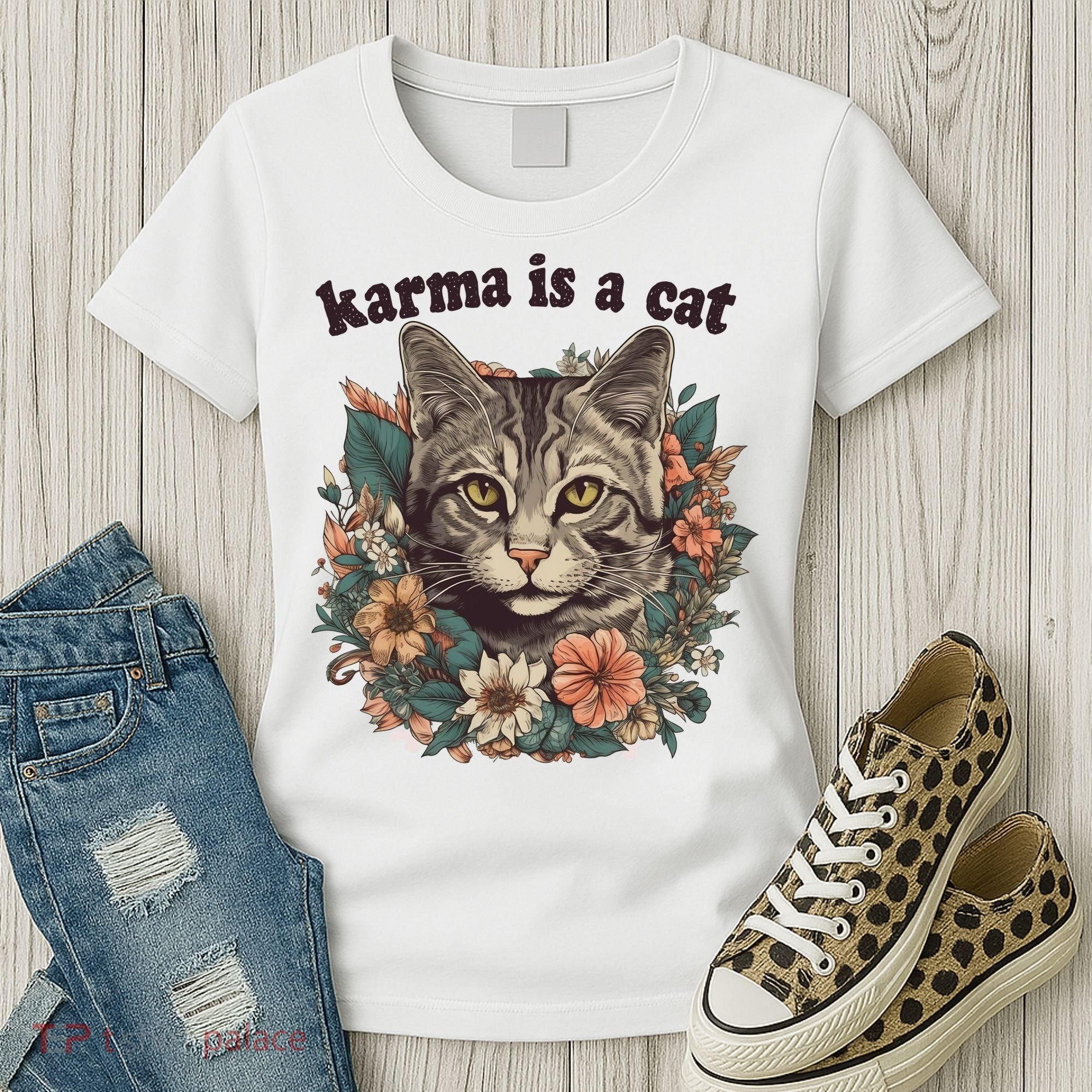 Karma Is A Cat Retro Floral Women's T-Shirt