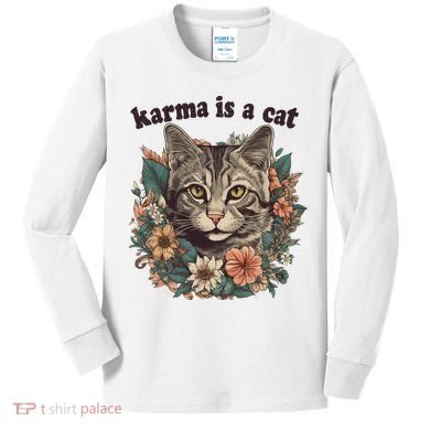 Karma Is A Cat Retro Floral Kids Long Sleeve Shirt