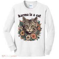 Karma Is A Cat Retro Floral Kids Long Sleeve Shirt thumb 0