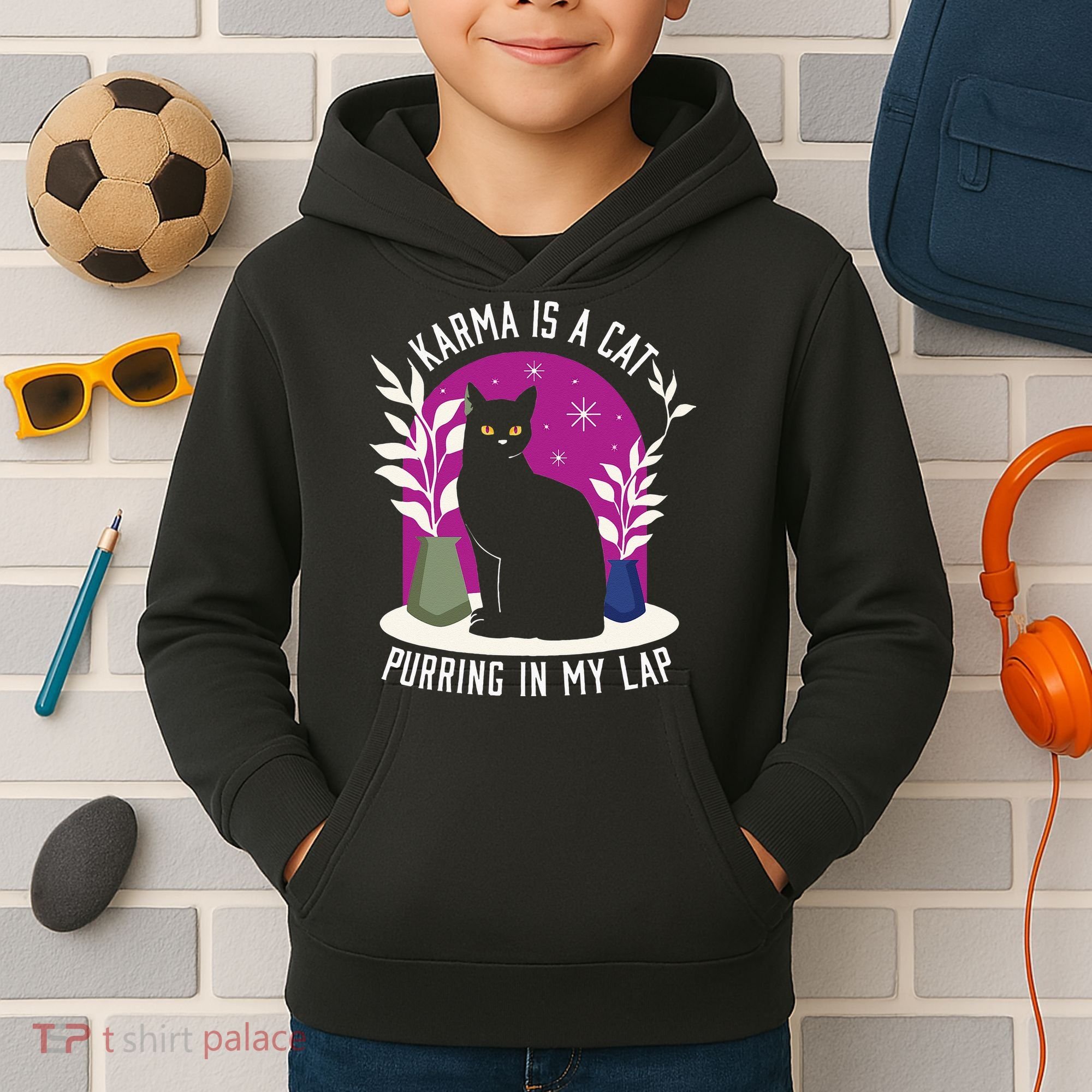 Karma Is A Cat Purring In My Lap Funny Cat Lovers Kids Hoodie