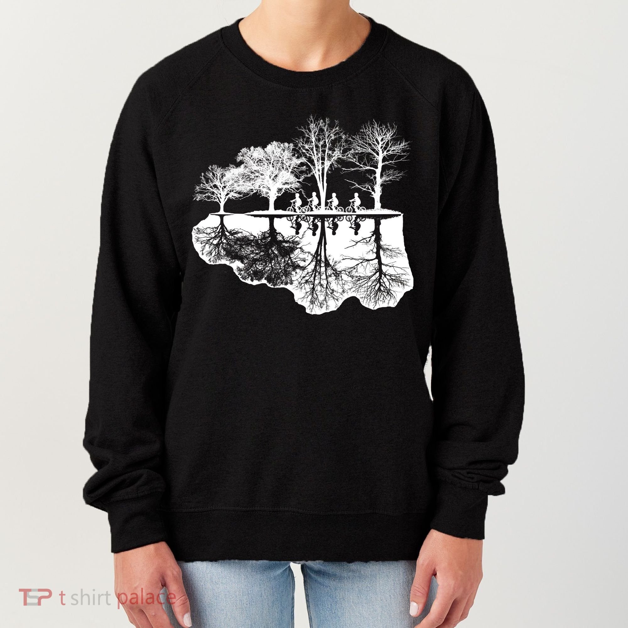 Kids Riding Bikes Through Trees Upside Down Women's Sweatshirt