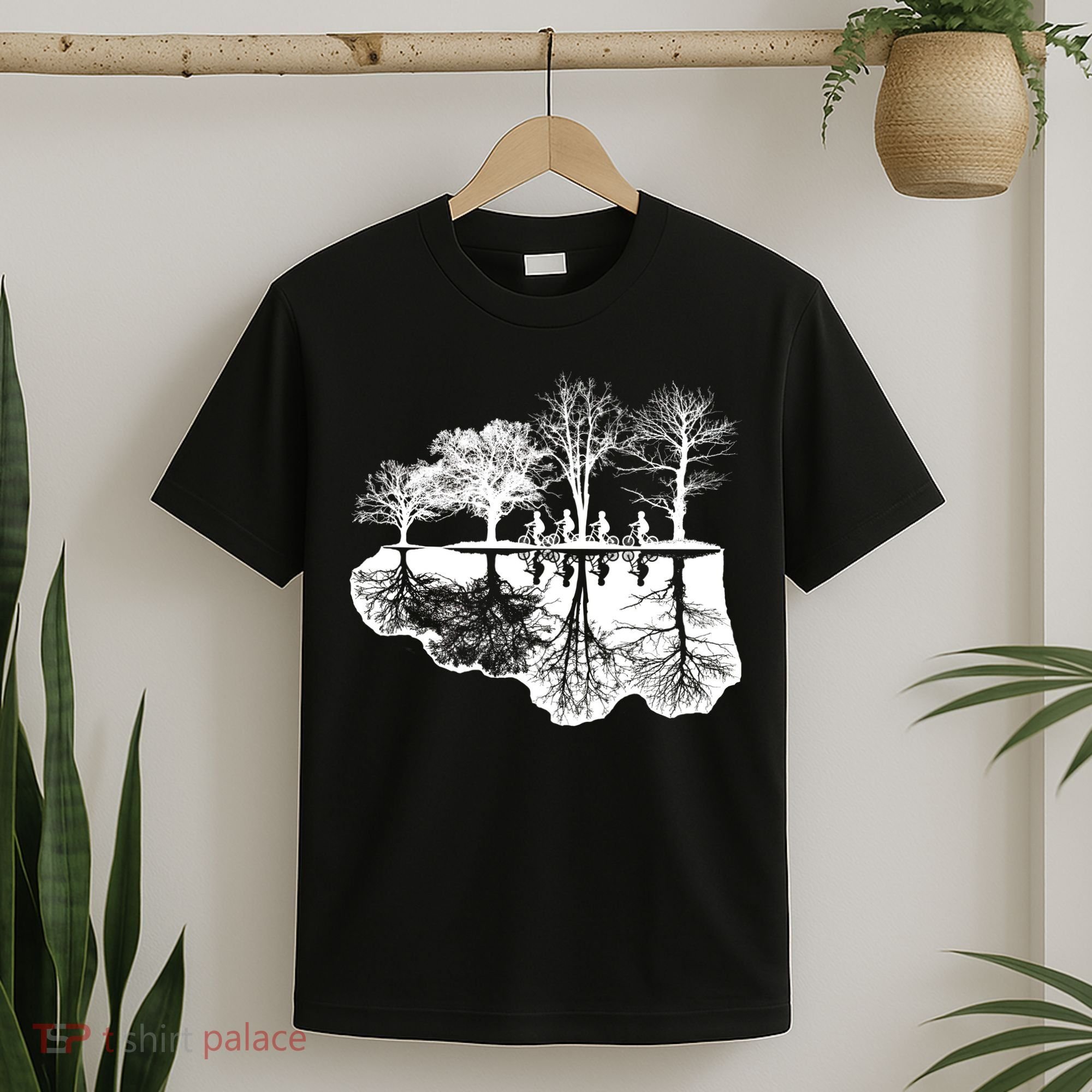 Kids Riding Bikes Through Trees Upside Down T-Shirt