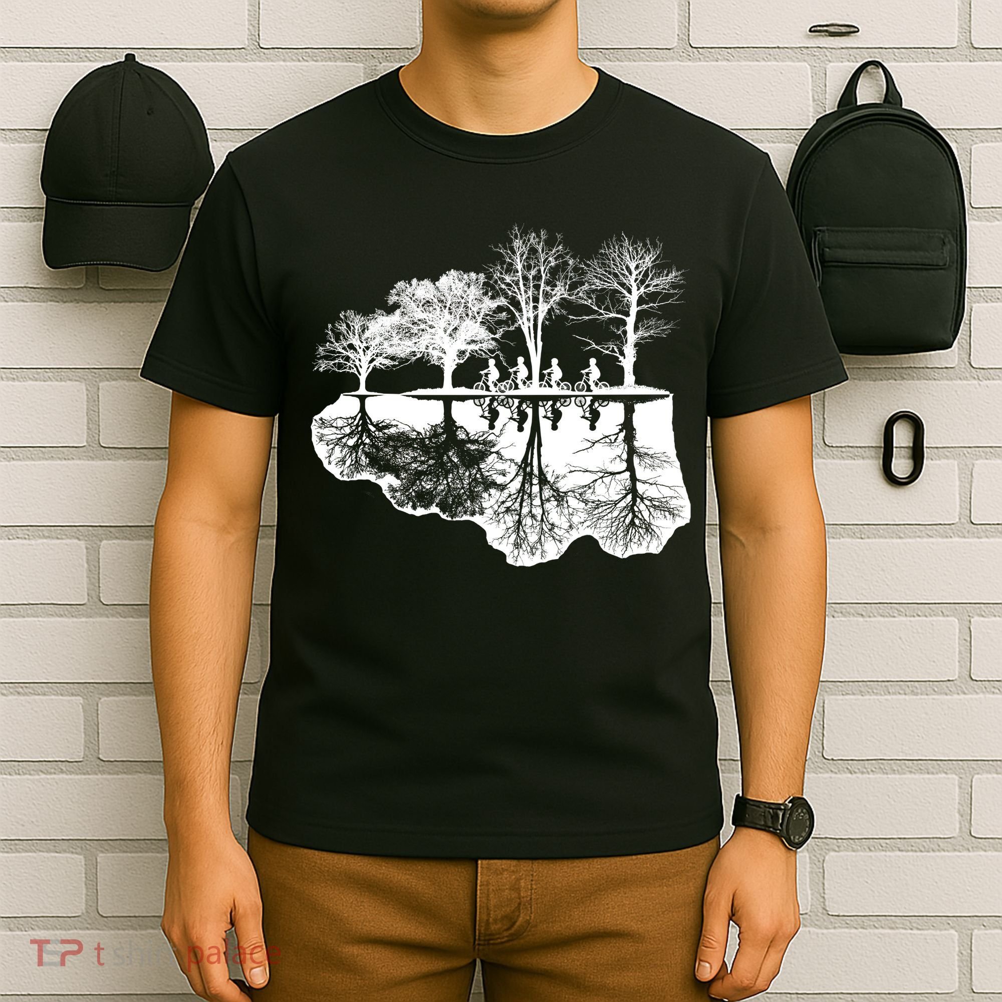 Kids Riding Bikes Through Trees Upside Down T-Shirt