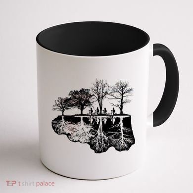 Kids Riding Bikes Through Trees Upside Down Coffee Mug back