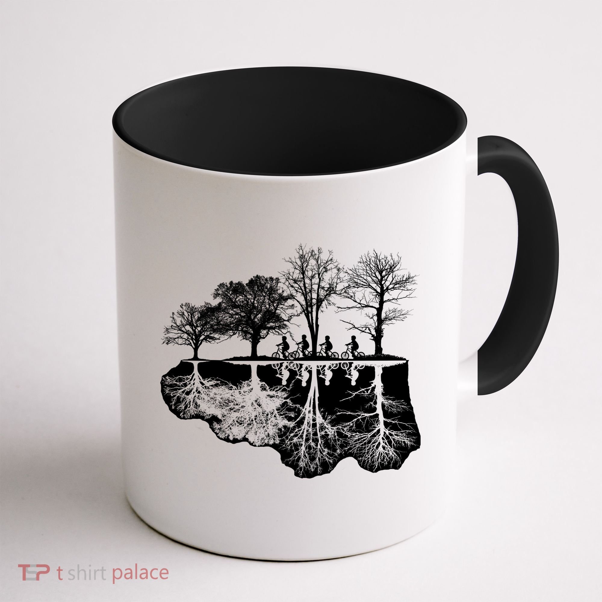 Kids Riding Bikes Through Trees Upside Down Coffee Mug