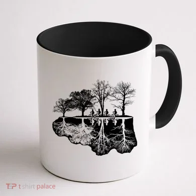 Kids Riding Bikes Through Trees Upside Down Coffee Mug back