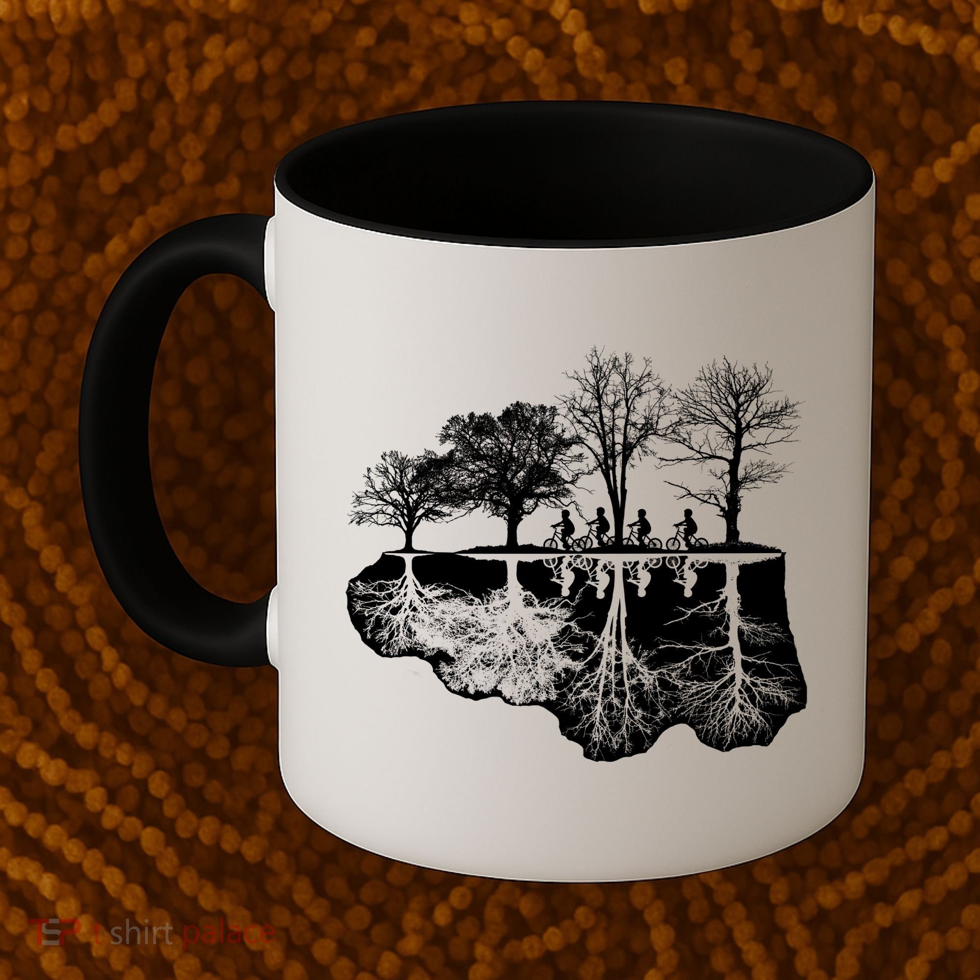 Kids Riding Bikes Through Trees Upside Down Coffee Mug