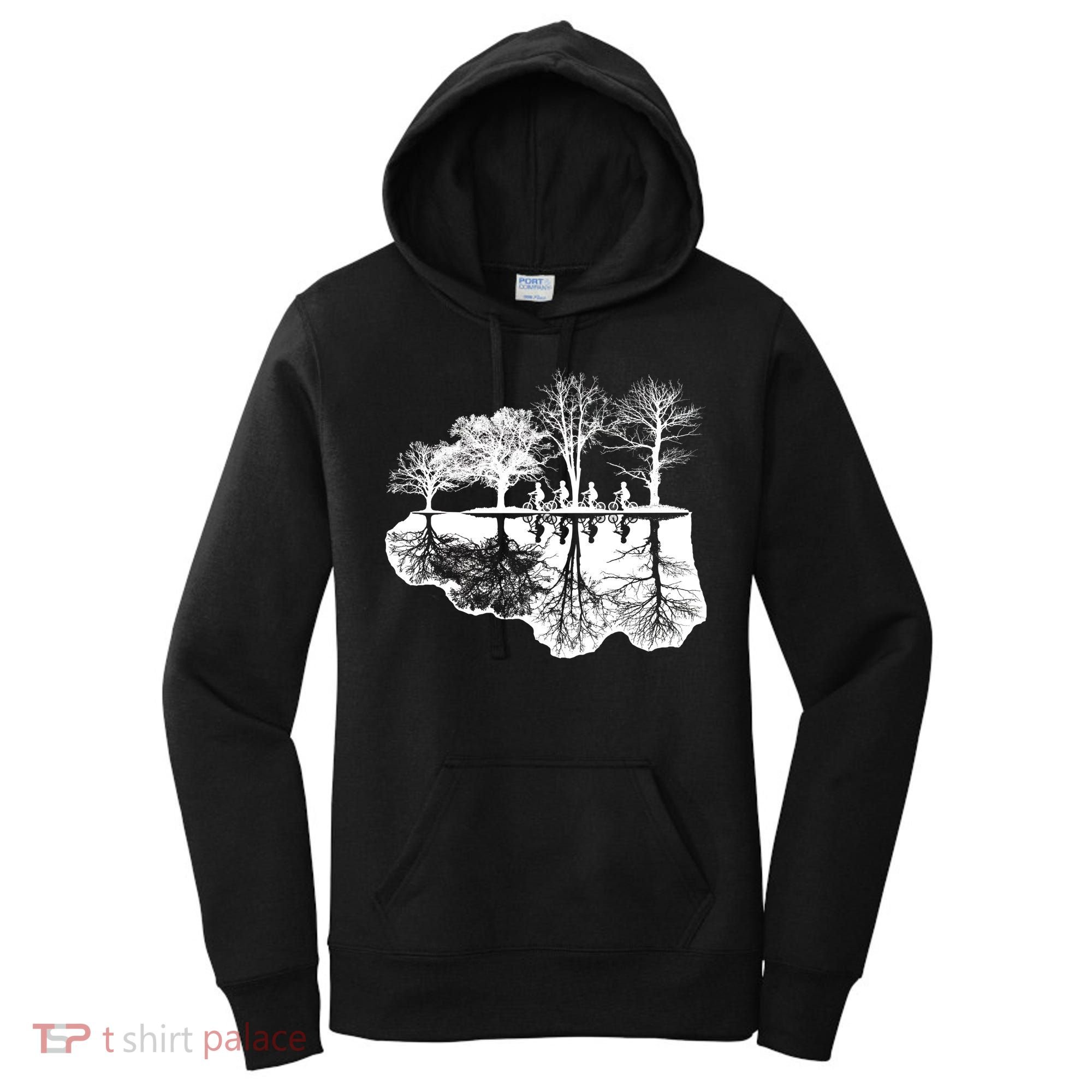 Kids Riding Bikes Through Trees Upside Down Women's Hoodie