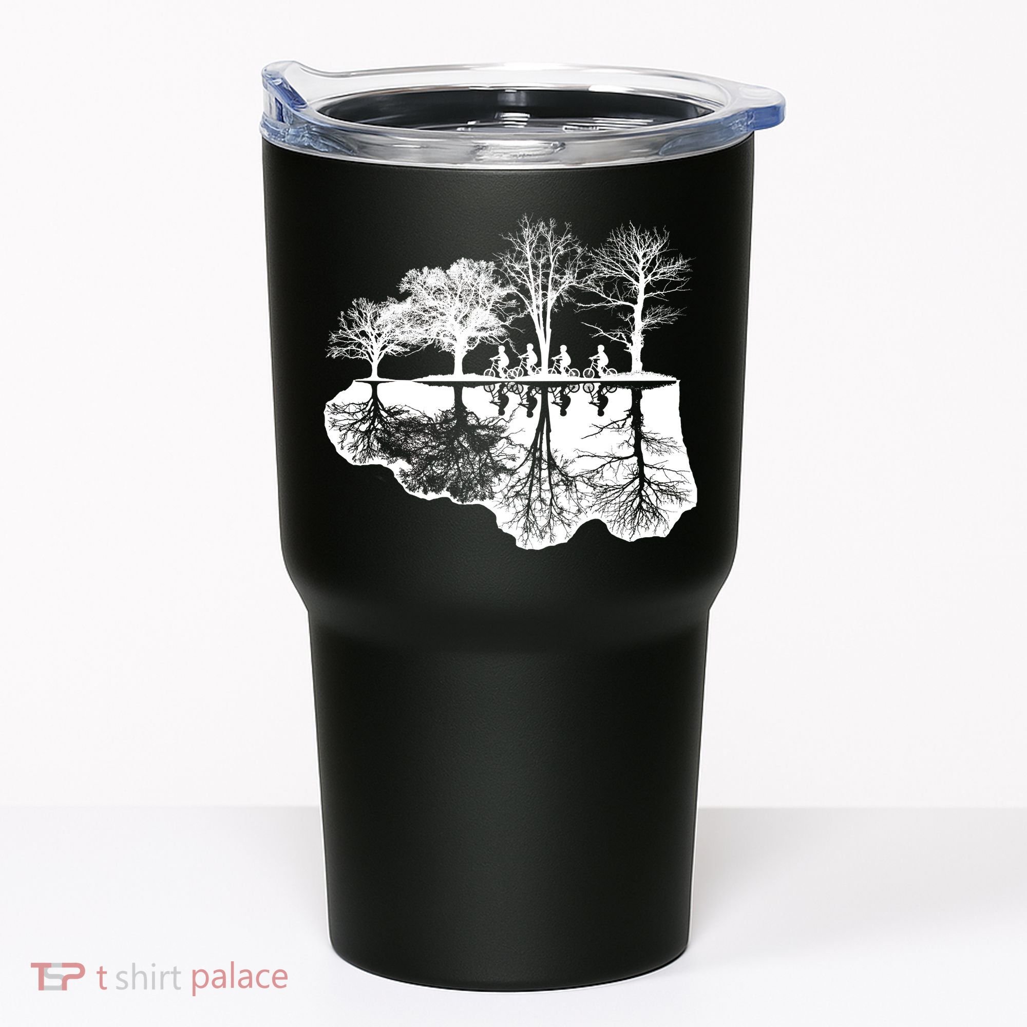 Kids Riding Bikes Through Trees Upside Down Tumbler