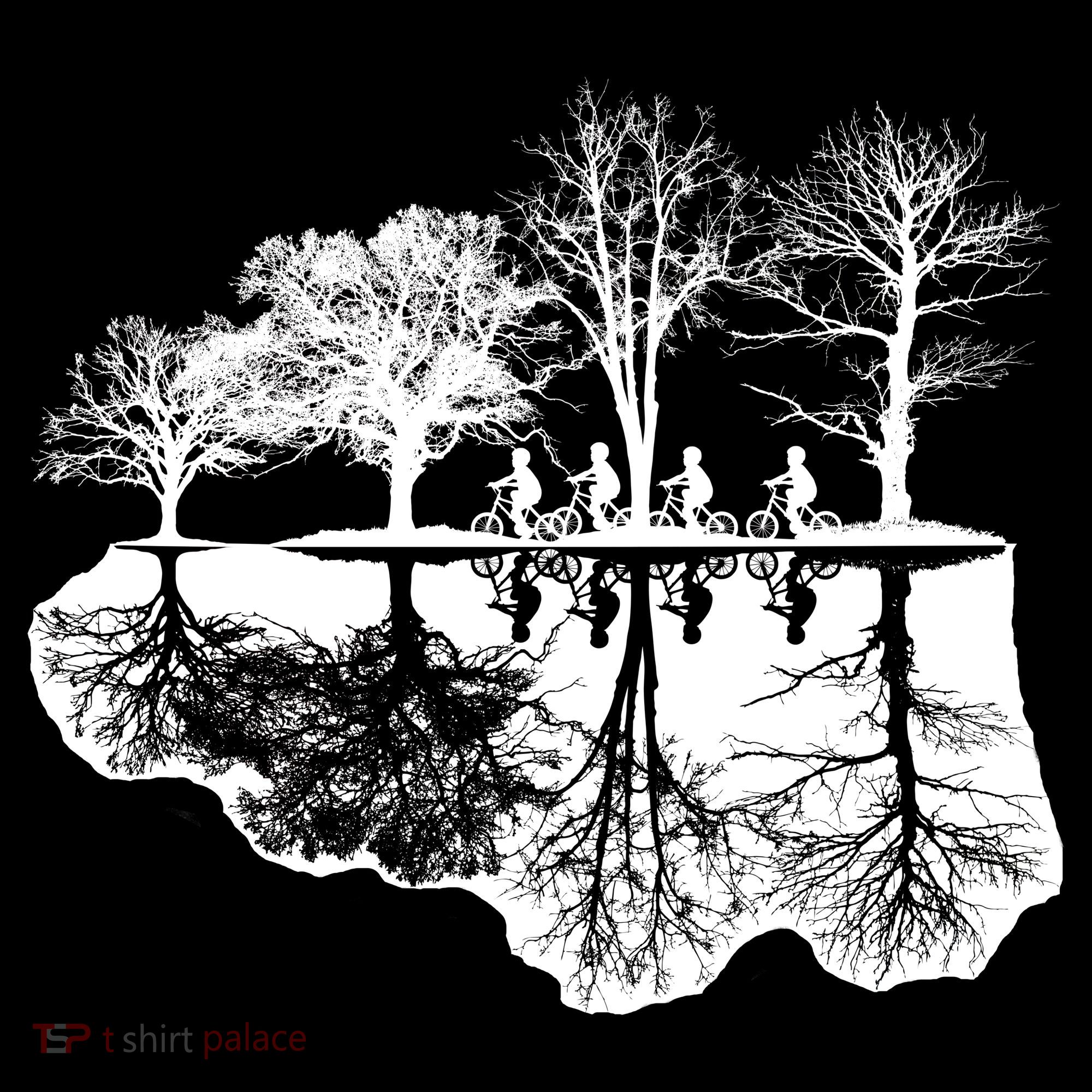 Kids Riding Bikes Through Trees Upside Down Mousepad