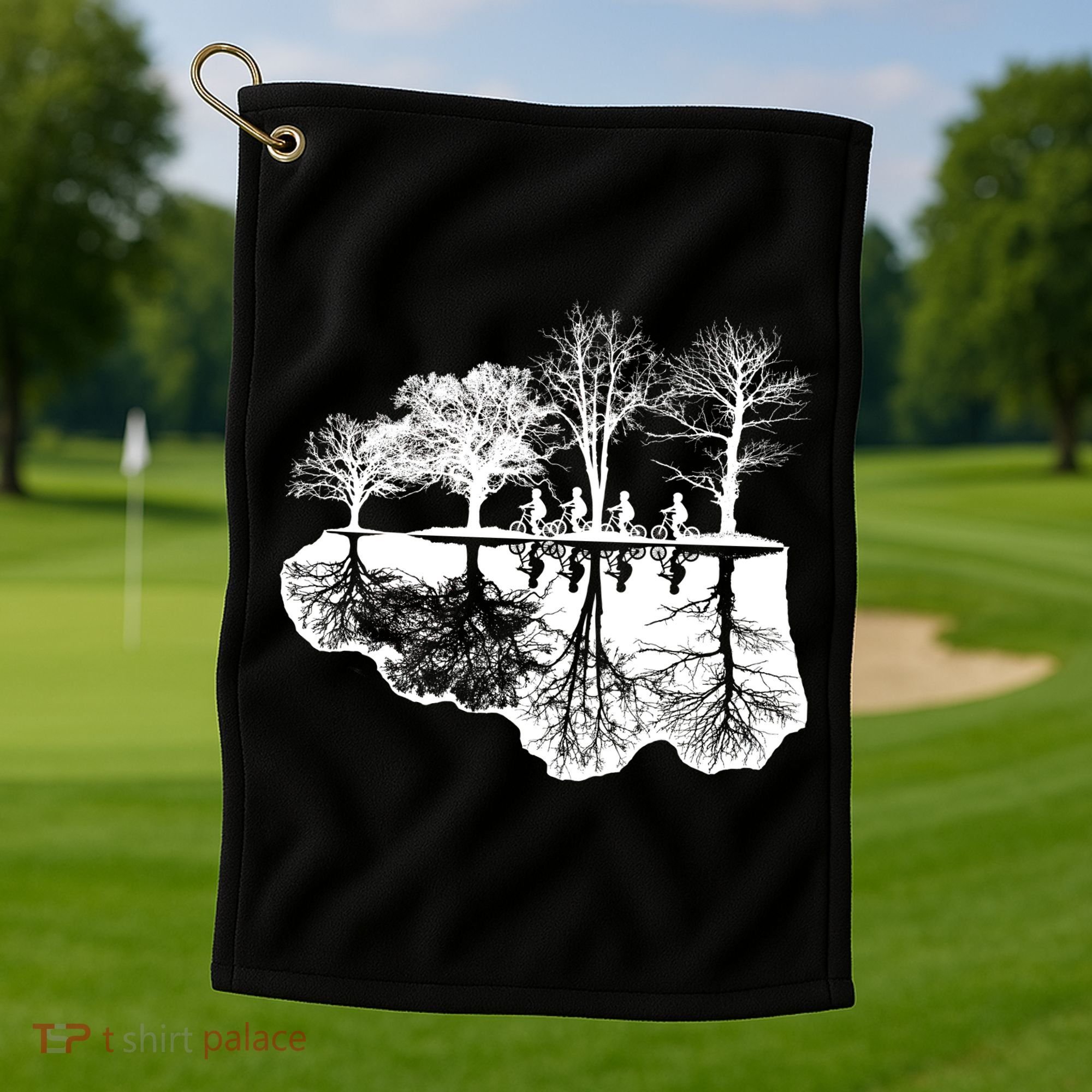 Kids Riding Bikes Through Trees Upside Down Golf Towel